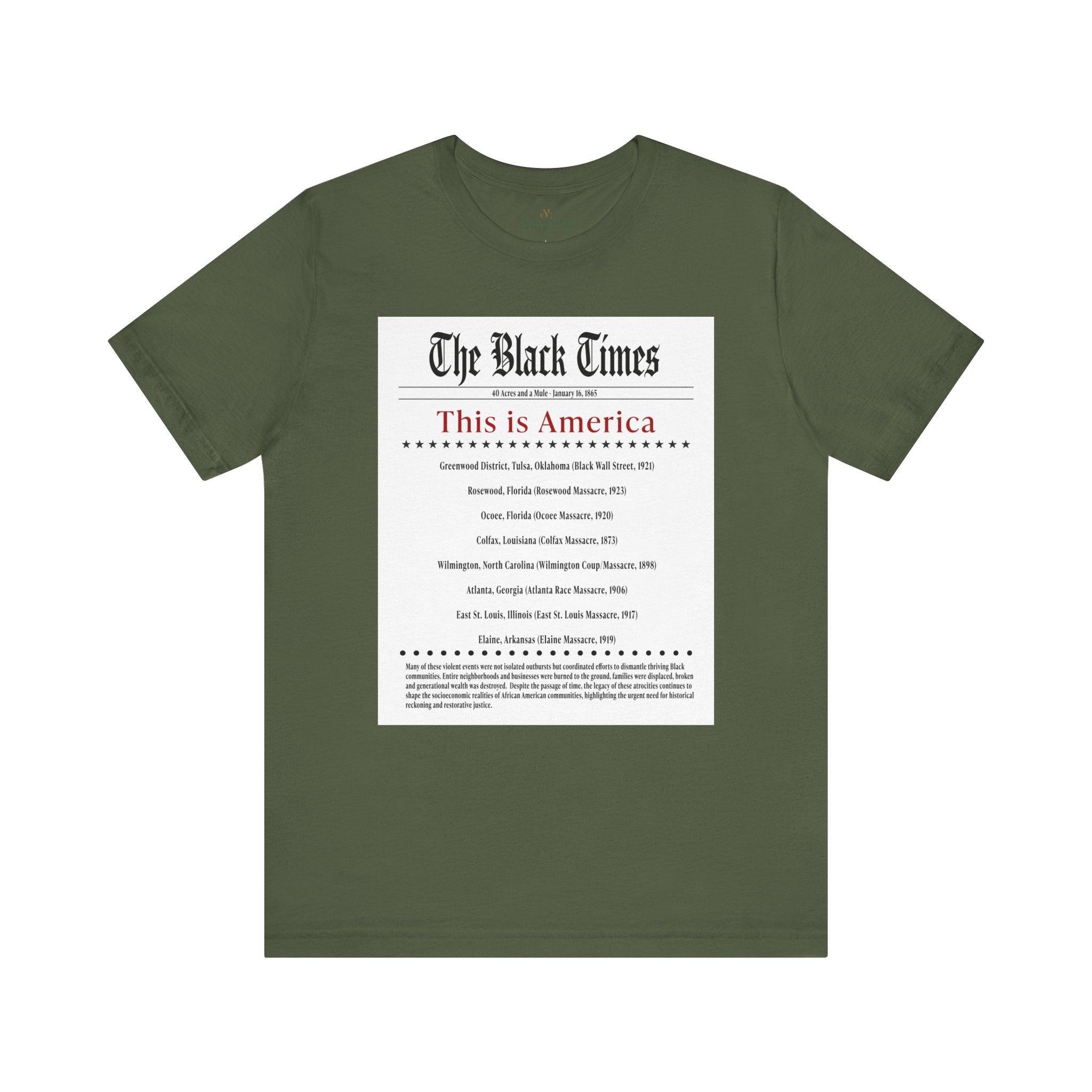 The Black Times Tee Shirt listing historical African American communities destroyed by mob violence, adult unisex Black history apparel.