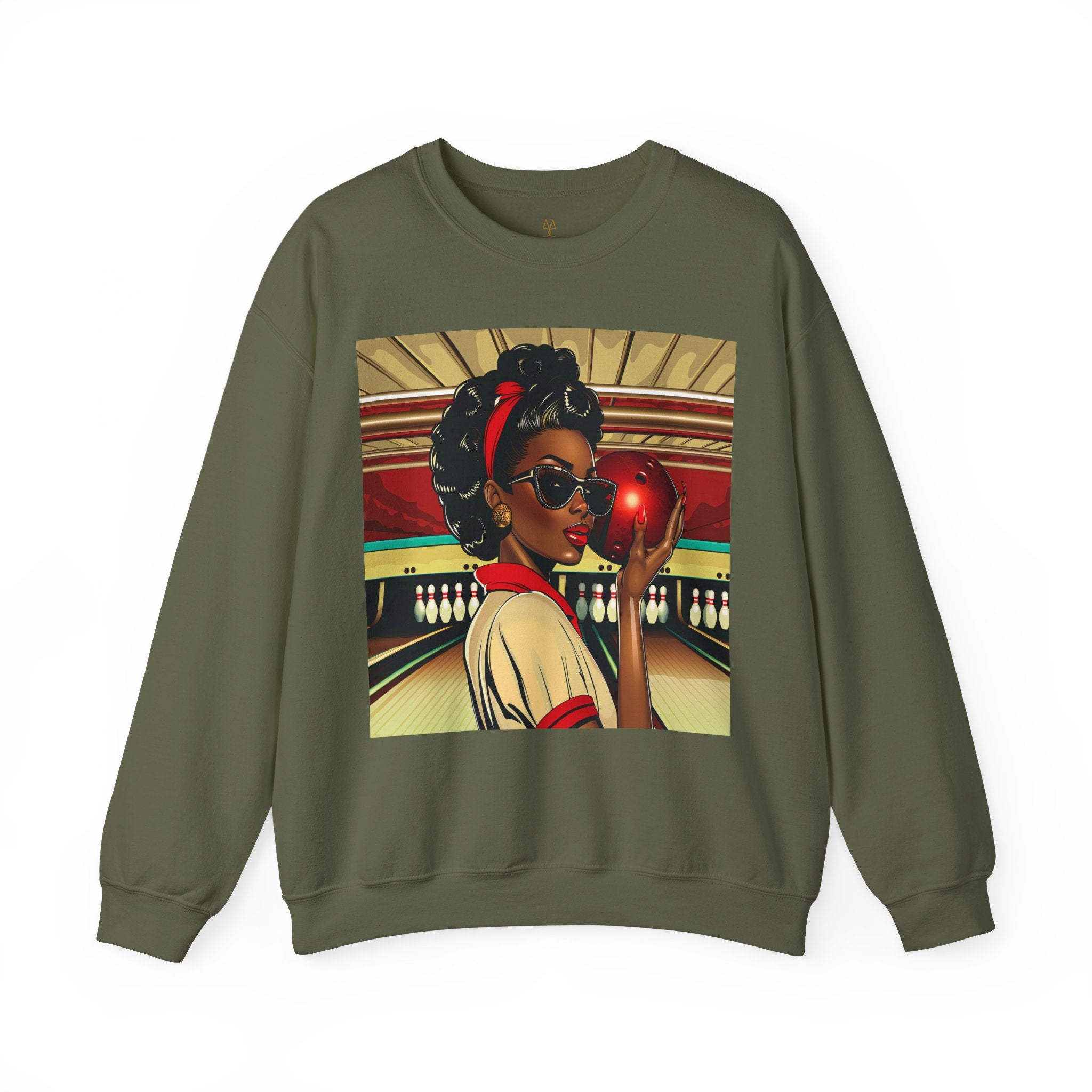 African American Woman Bowling Sweatshirt in military green..