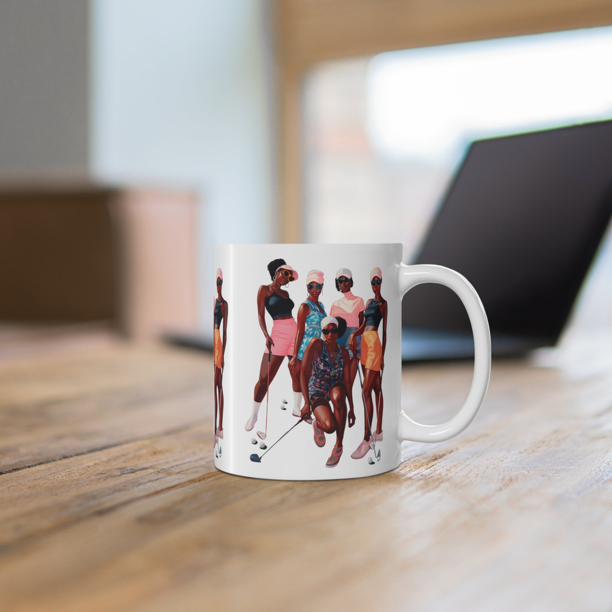 Black Women Golfers coffee mug, concept view.