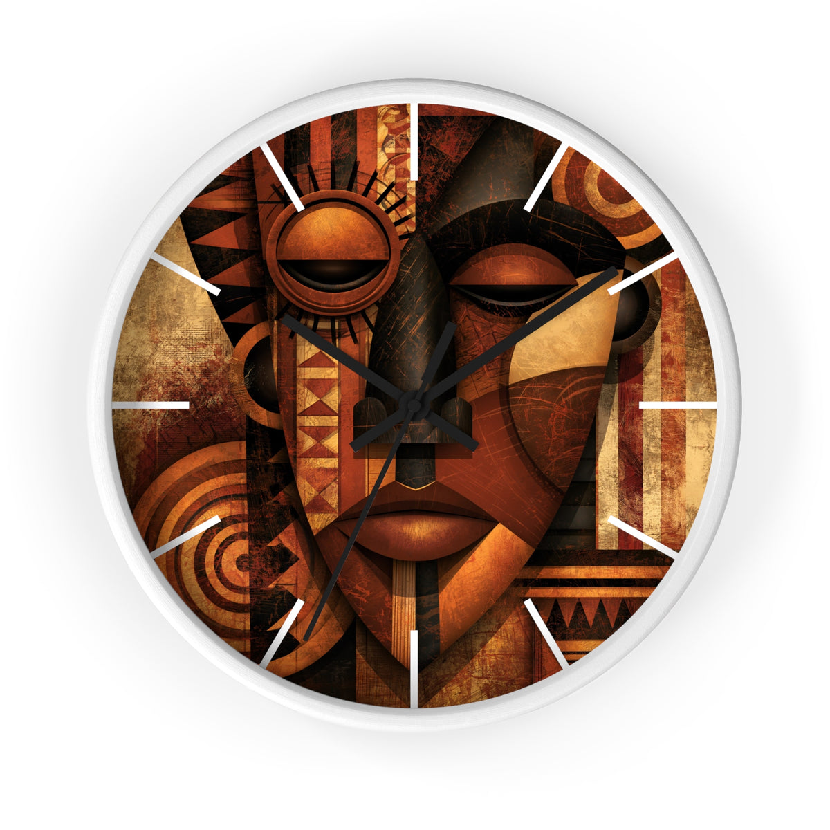 White round wall clock with white time markings and black clock hands, featuring an abstract African-inspired mask face with geometric shapes, circular patterns, and textured details in terracotta, burnt orange, bronze, black, and warm gold tones, displayed against a white background.