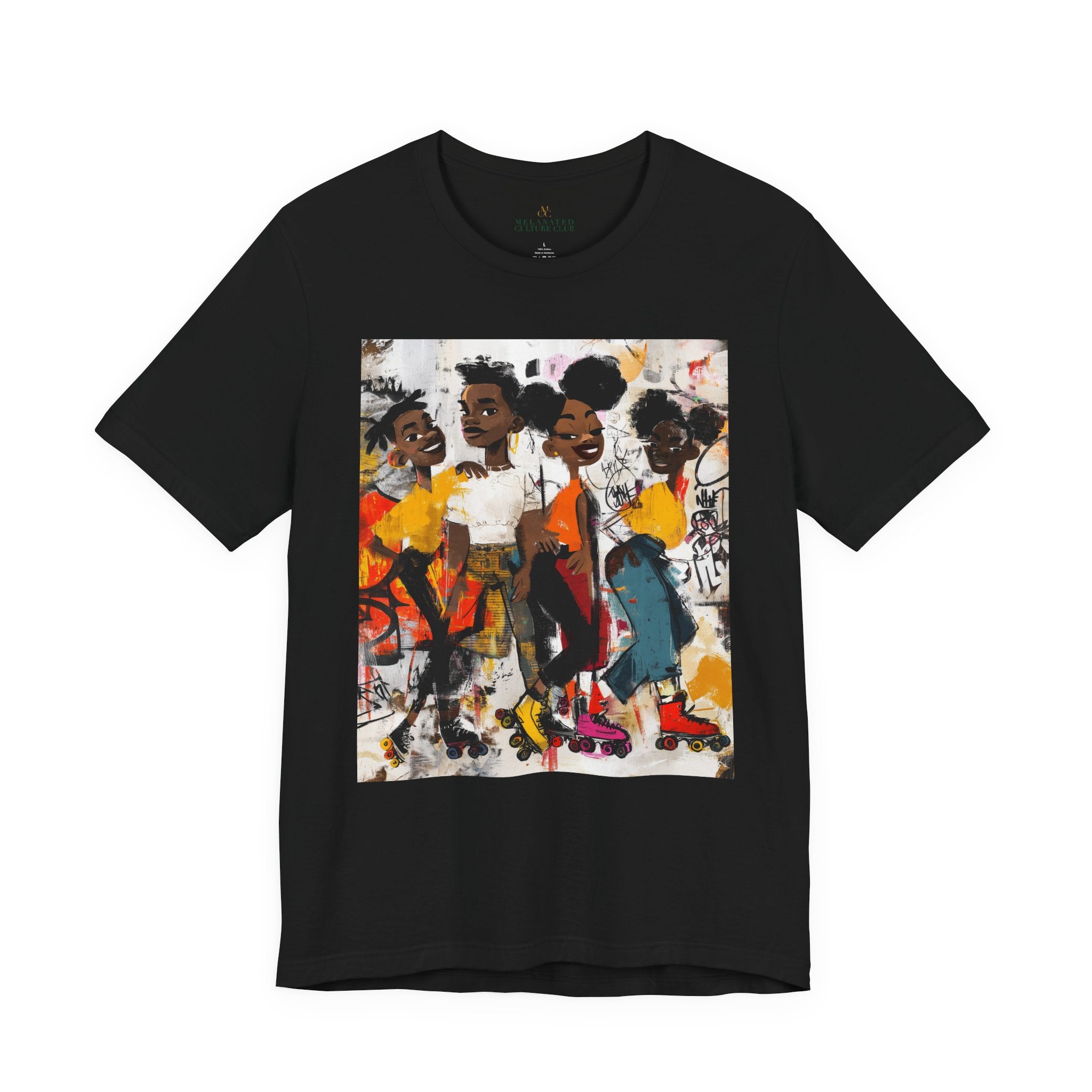 Abstract graffiti-style cartoon illustration of Black roller skaters dancing and skating at a roller rink, featuring vibrant colors, urban street art influences, and Afrocentric cultural themes on a unisex graphic tee shirt.