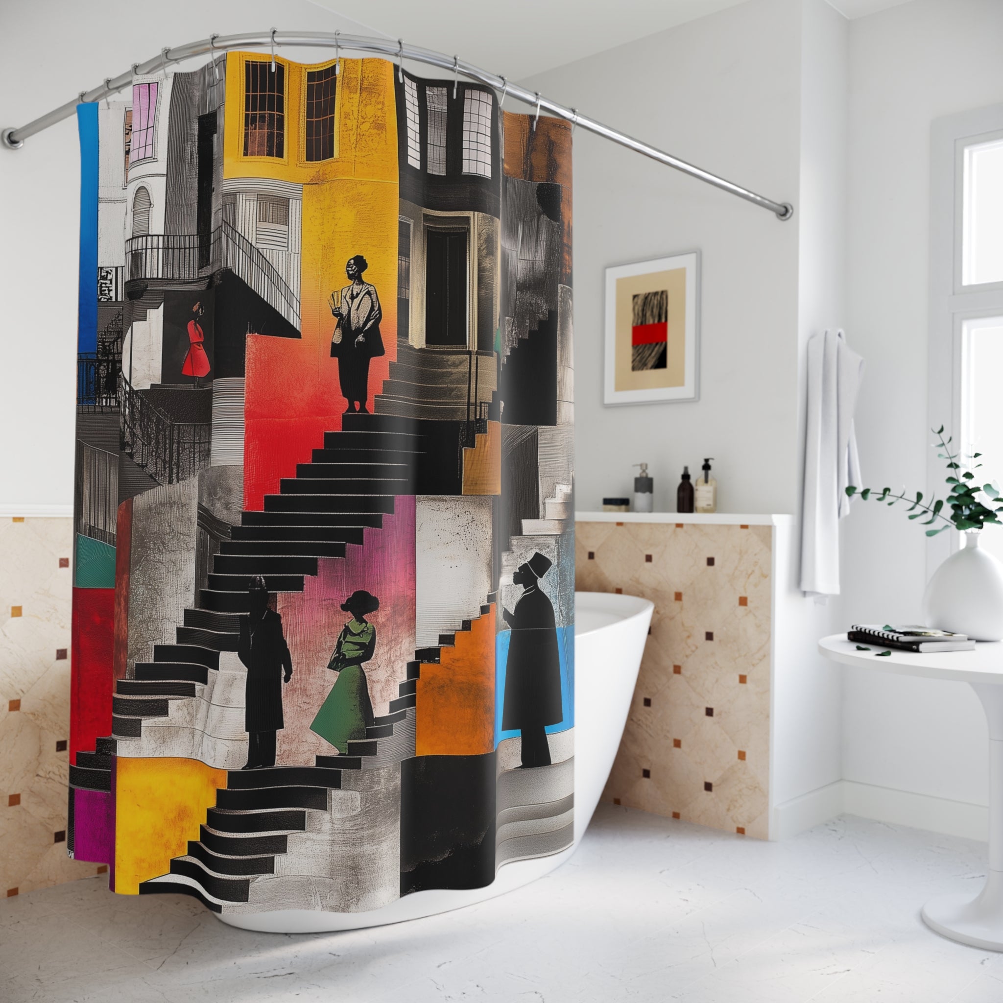 Harlem Brownstones Shower Curtain featuring Afrocentric artwork of Harlem street life and iconic neighborhood buildings, perfect for cultural bathroom decor