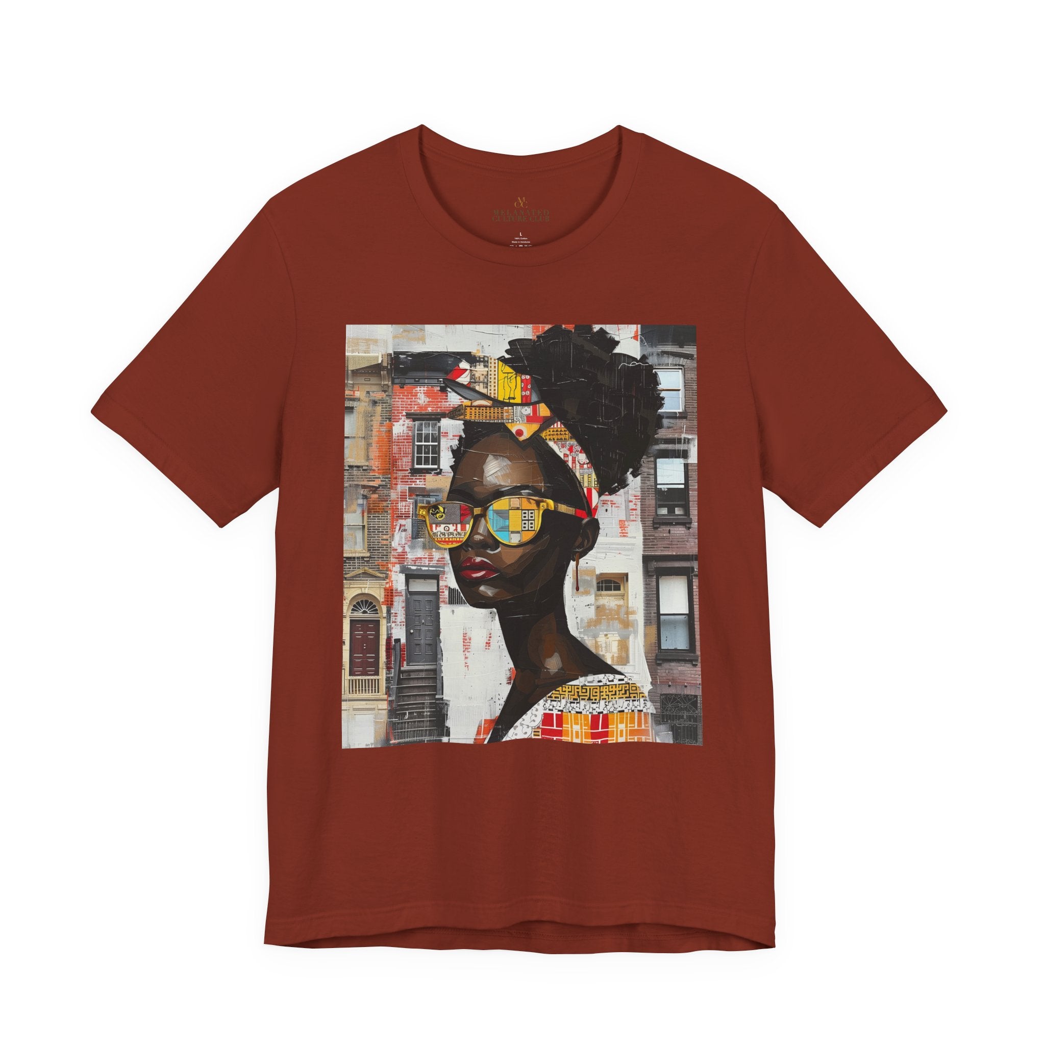 Boss Babe Kendra abstract graffiti T-shirt in rust against a white background.