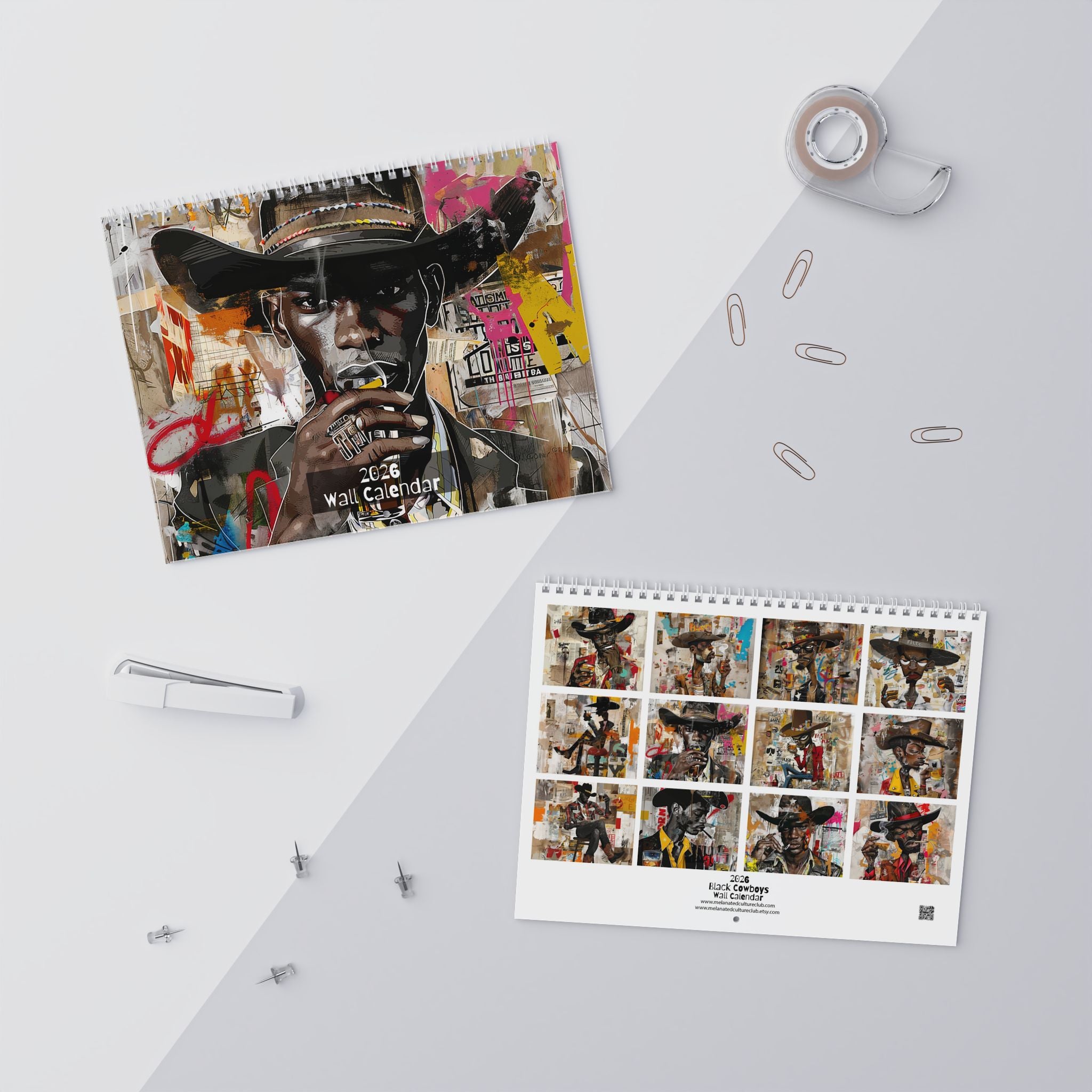 2026 Black Cowboys Wall Calendar featuring Afrocentric cartoon and graffiti-style artwork. Bold calendar celebrating African American cowboys, Western heritage, and Black culture—perfect for home or office décor. (14 in. x 11 in.)