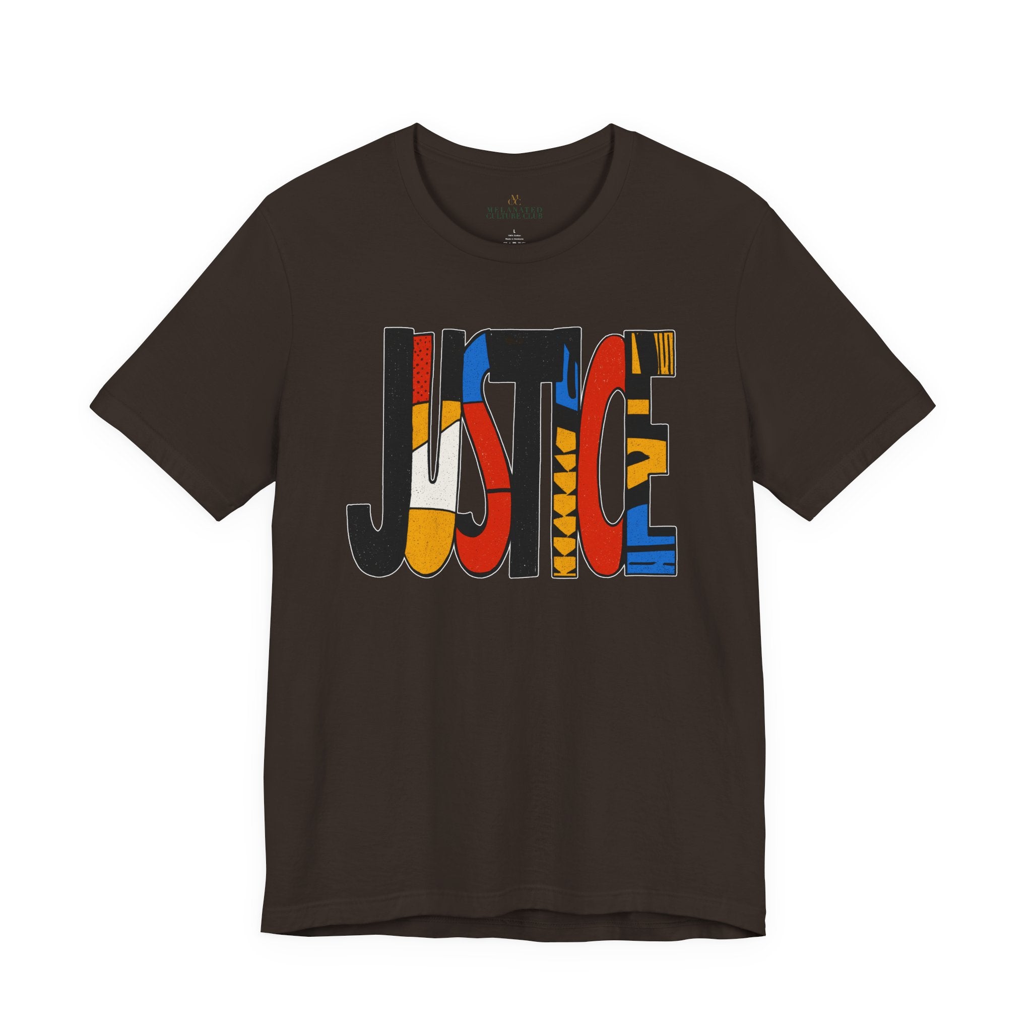 A dark brown short-sleeve t-shirt with a graphic print spelling 'JUSTICE' in bold letters filled with various colorful patterns, shown on a plain white background.
