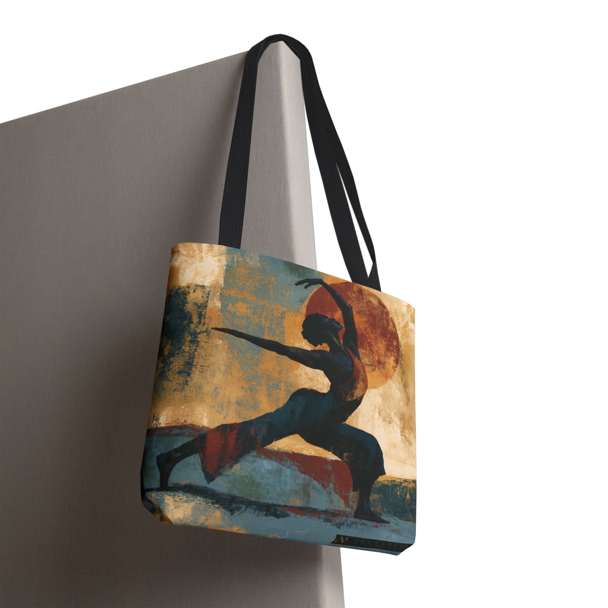 Black Woman Yoga tote bag featuring abstract textured Afrocentric artwork of an African American woman in a peaceful yoga pose, printed on a reusable canvas tote for shopping, travel, and everyday use.