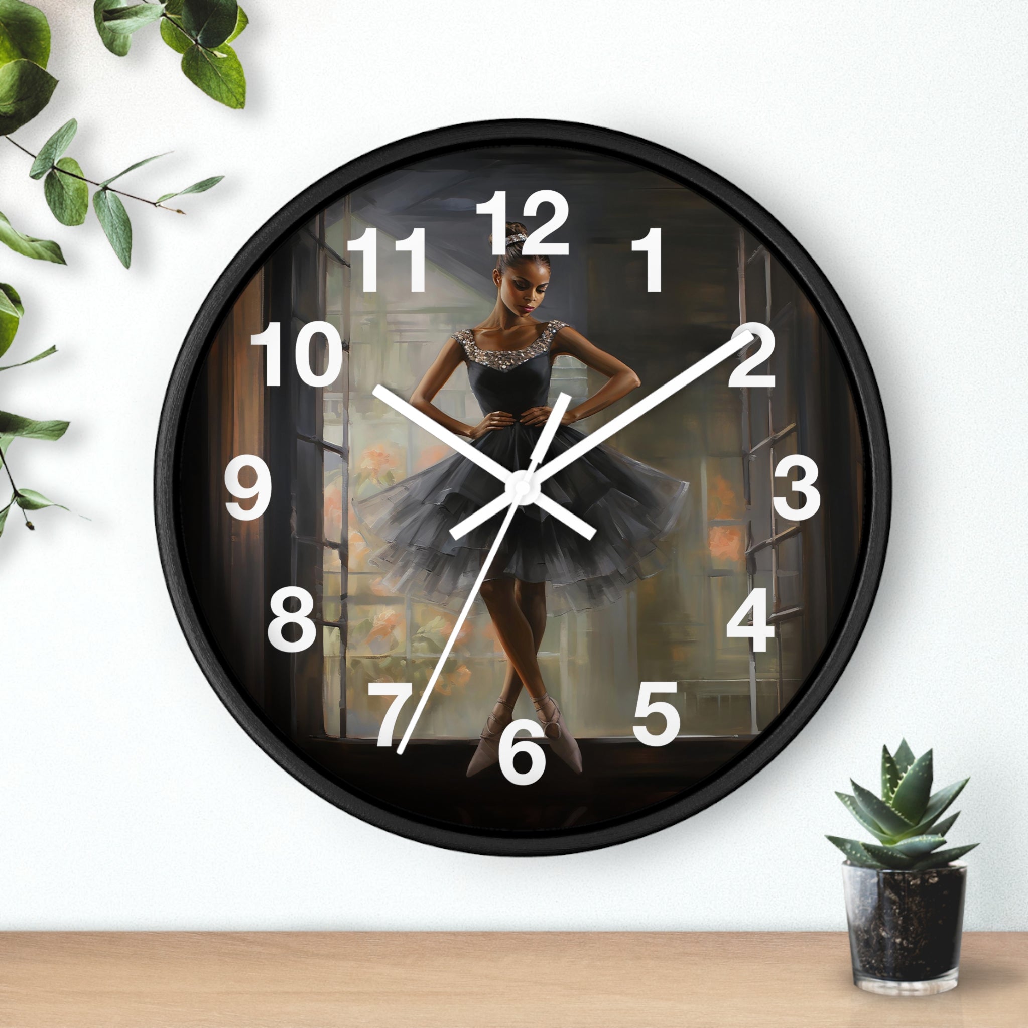 Black Girl Ballerina Round Wall Clock featuring an African American ballerina in a graceful pose, with detailed tutu folds and ballet slippers.