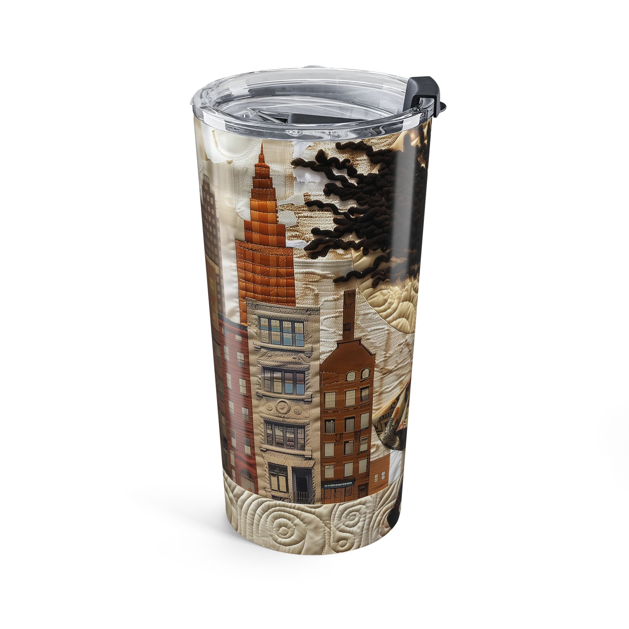 20 oz stainless steel travel tumbler featuring a young Black girl carrying a yellow sunflower while walking through Harlem. Her long braids blow in the wind with historic Harlem brownstones and New York City architecture in the background, illustrated in a colorful Afrocentric faux quilt collage style.  Right side view of tumbler against a white background.