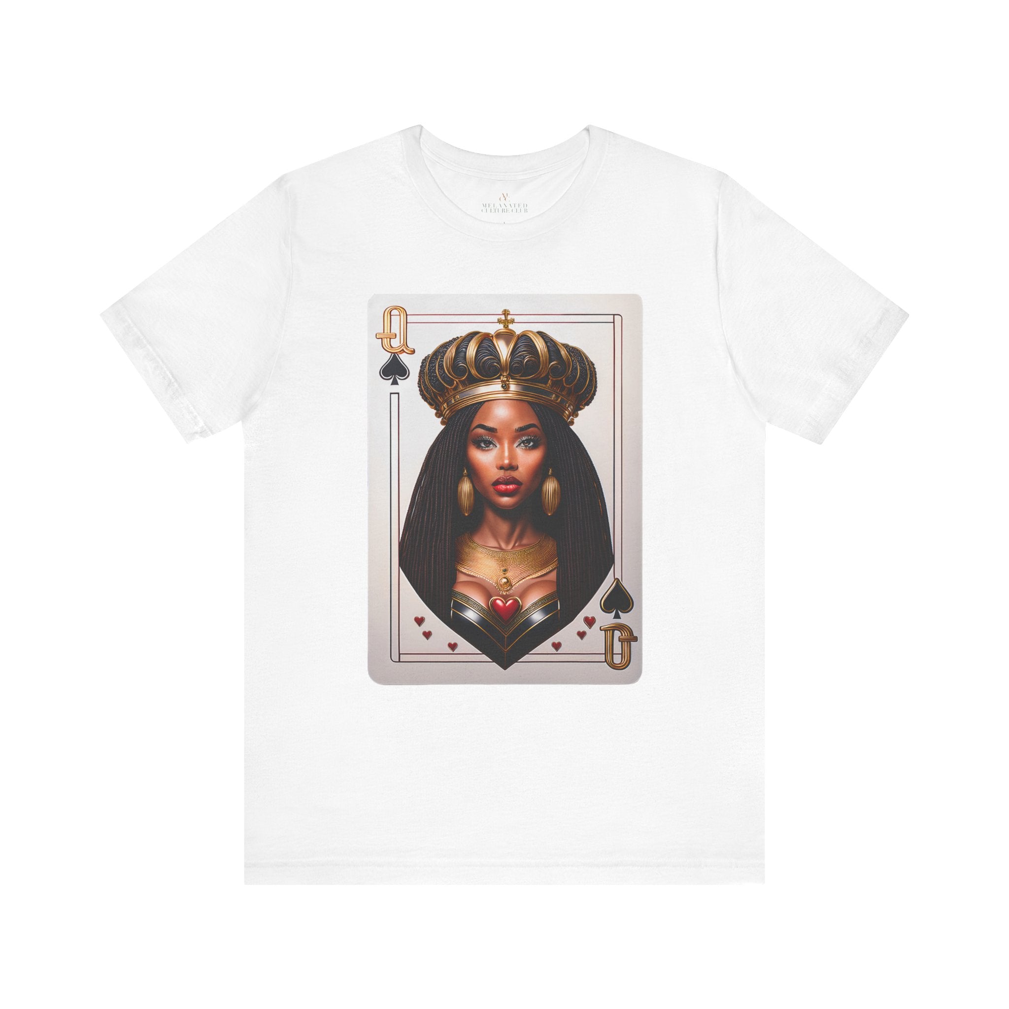 Black Queen of Spades Tee Shirt featuring an illustrated African American woman with an afro and gold crown, styled as the Queen of Spades playing card. Afrocentric vintage-inspired streetwear design in bold red, gold, and black colors.