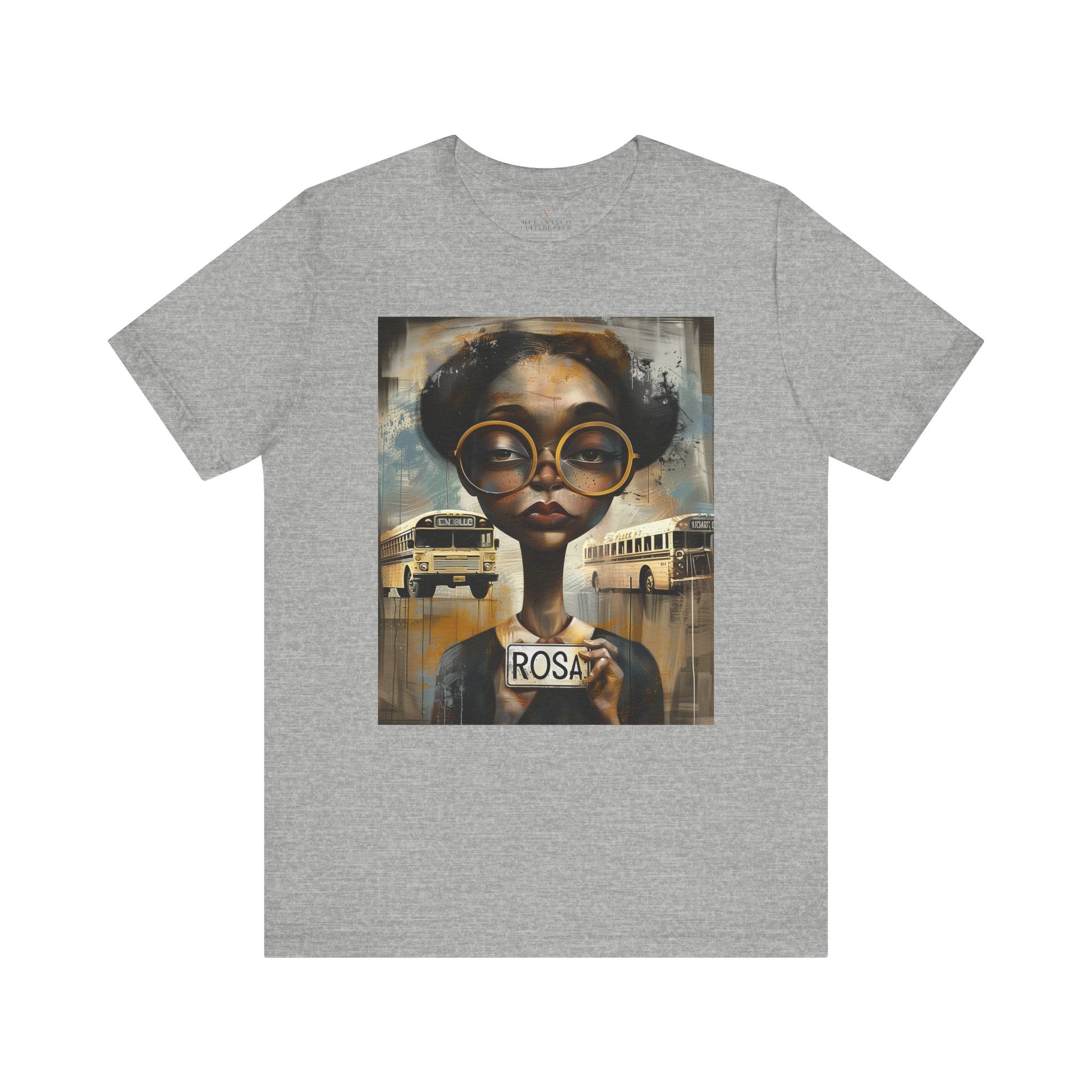Rosa Parks Mugshot T-Shirt featuring her 1955 booking photo in a bold graphic design. Afrocentric streetwear style honoring civil rights history and Black heritage.