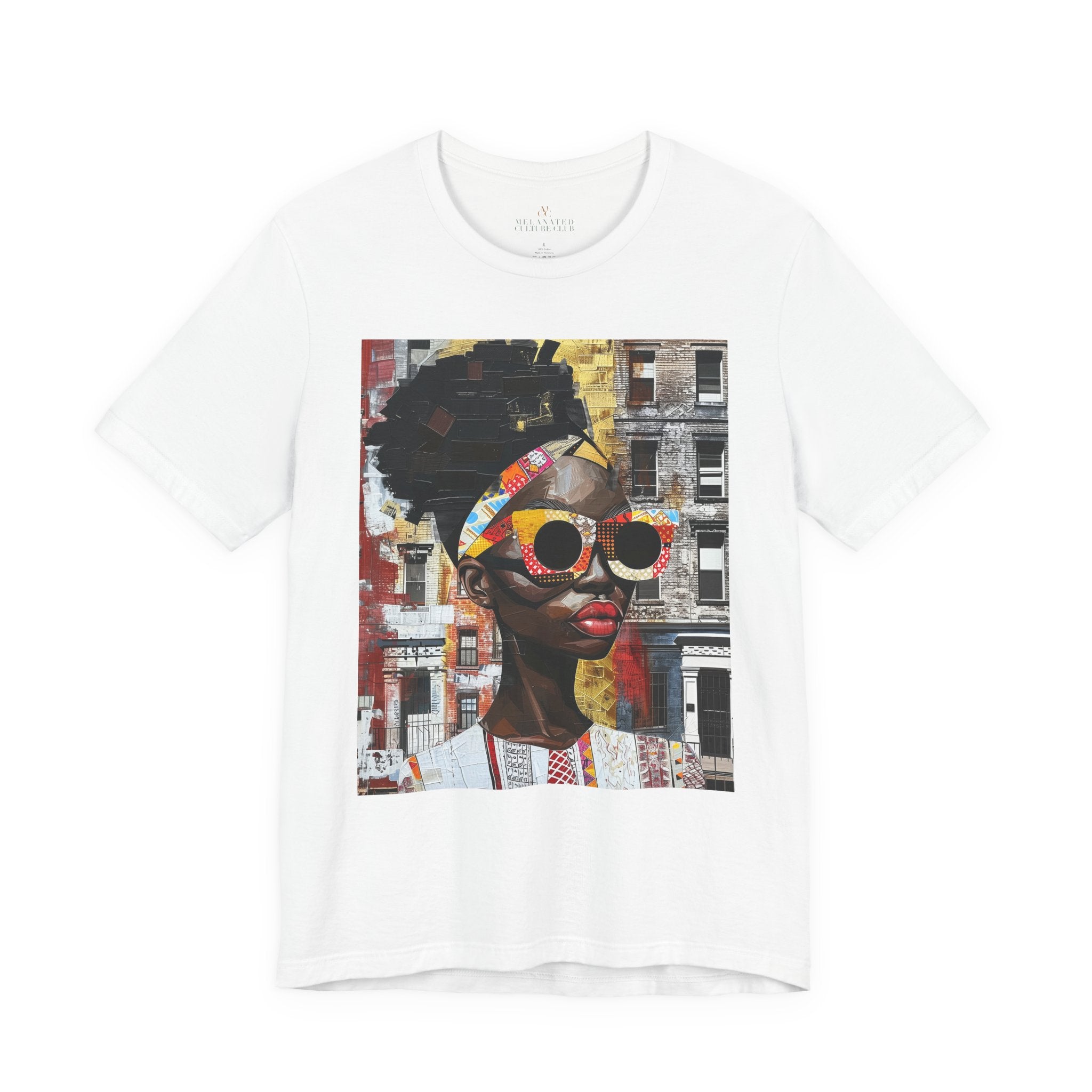 Best Seller Boss Babe graphic tee featuring an abstract cartoon-style Black woman, Lakendra with large round pop-art style sunglasses. The design has a vibrant, graffiti-inspired aesthetic that celebrates African American beauty, confidence, and urban art style.