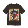 Abstract Afrocentric t-shirt featuring a split-face portrait of a Black man, half human and half robot, with expressive facial features and futuristic mechanical details in an Afrofuturism art style.