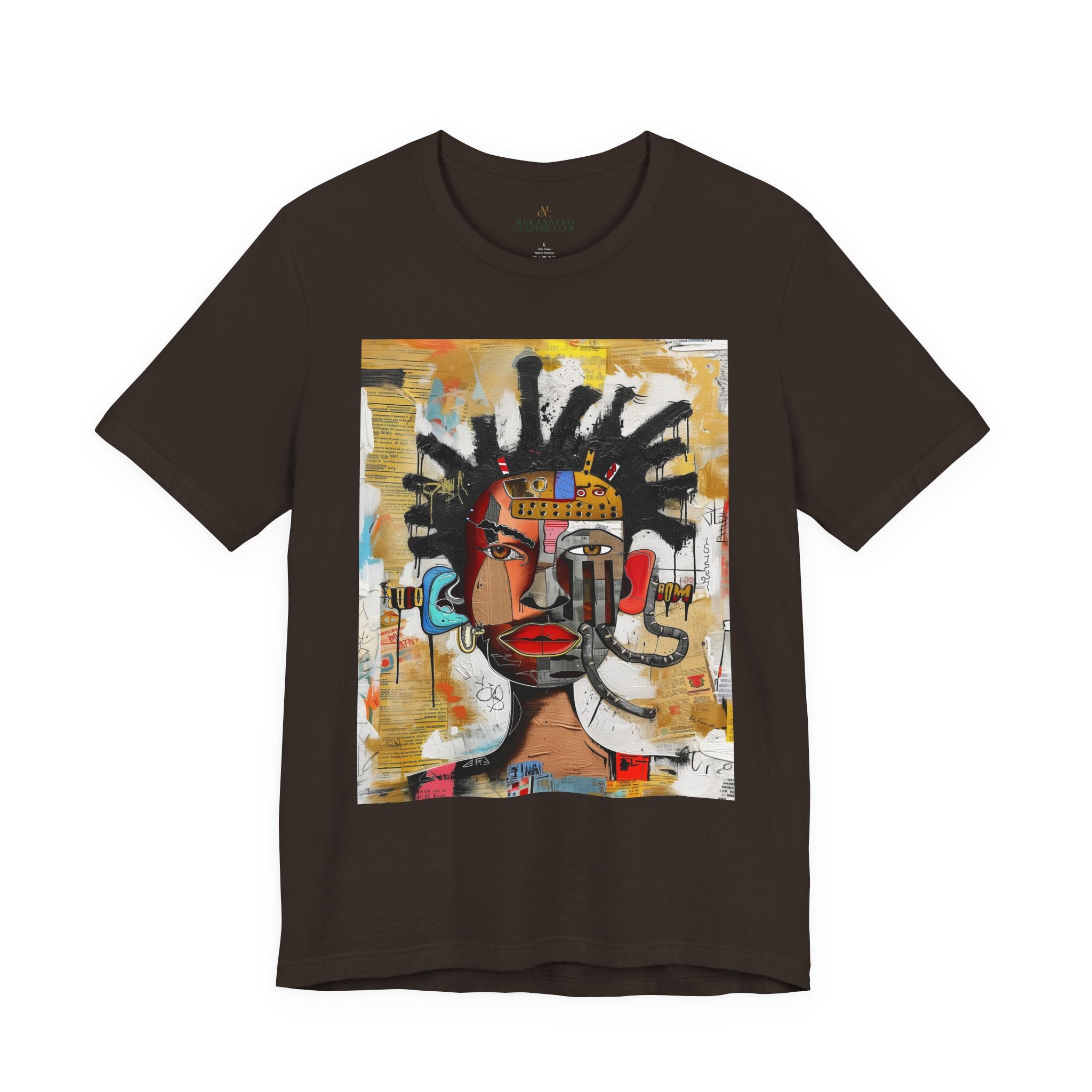 Abstract Afrocentric t-shirt featuring a split-face portrait of a Black man, half human and half robot, with expressive facial features and futuristic mechanical details in an Afrofuturism art style.