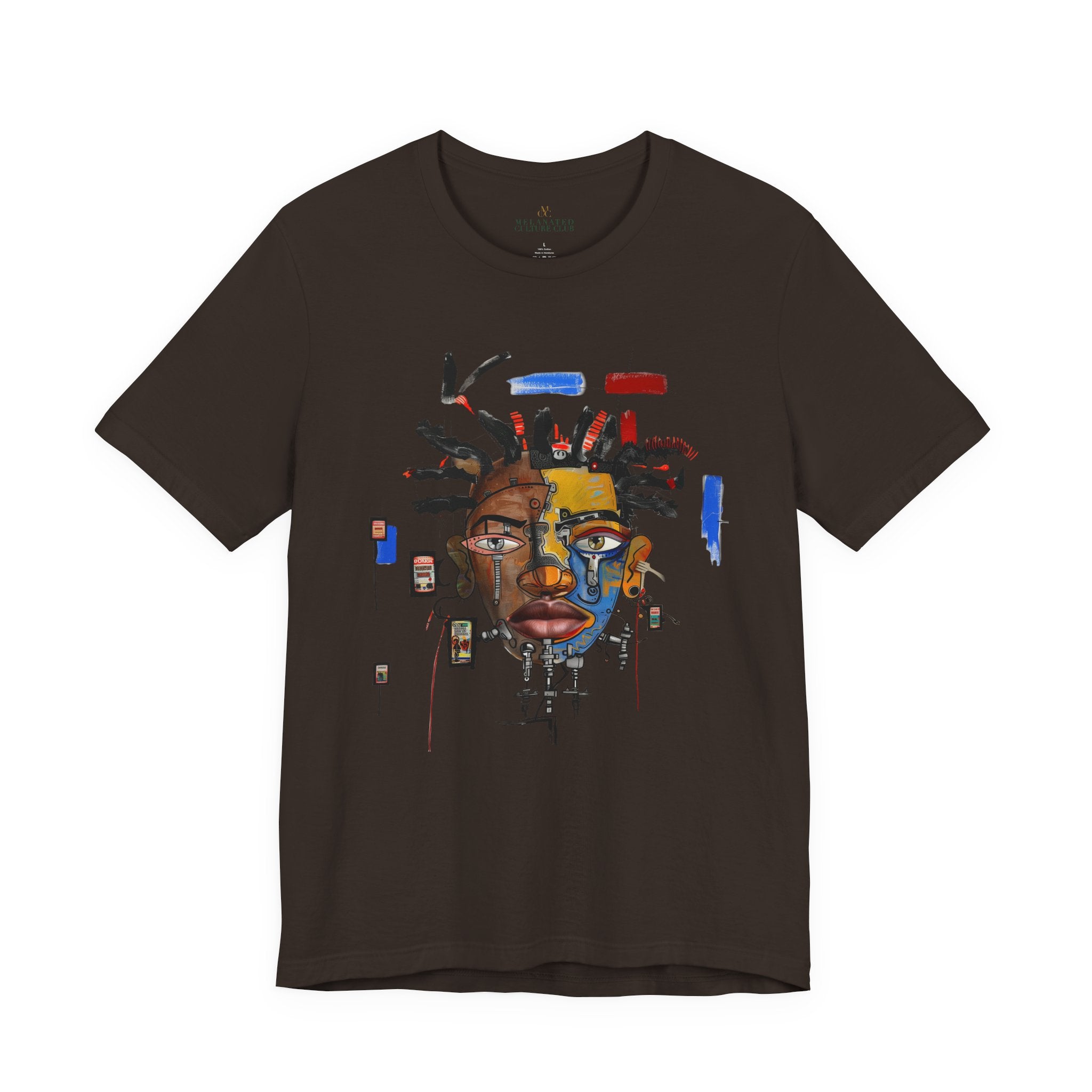 Abstract Afrocentric t-shirt featuring a split-face portrait of a Black man, half human and half robot, with expressive facial features and futuristic mechanical details in an Afrofuturism art style. Series 03