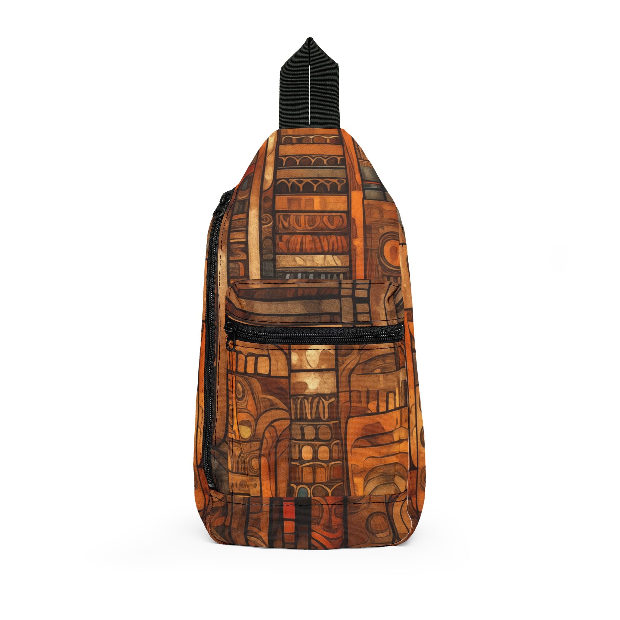 Colorful abstract Afrocentric crossbody sling bag featuring vibrant collage art with bold geometric shapes, layered textures, rich colors, and contemporary cultural-inspired design.