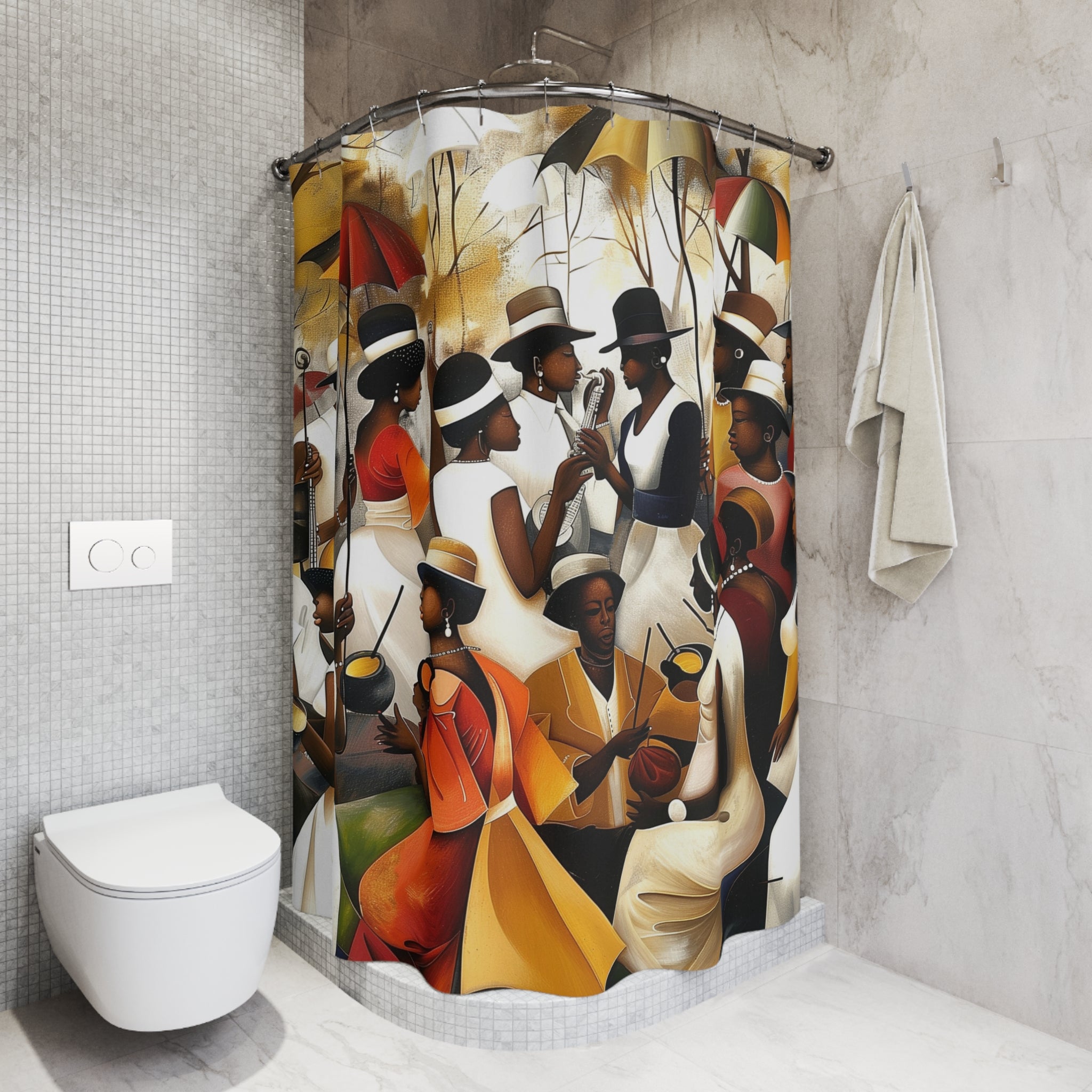 Juneteenth Family Reunion Shower Curtain featuring Afrocentric artwork of Black families gathering in a park, celebrating freedom, community, music, food, and African American culture with vibrant colors and joyful expressions.