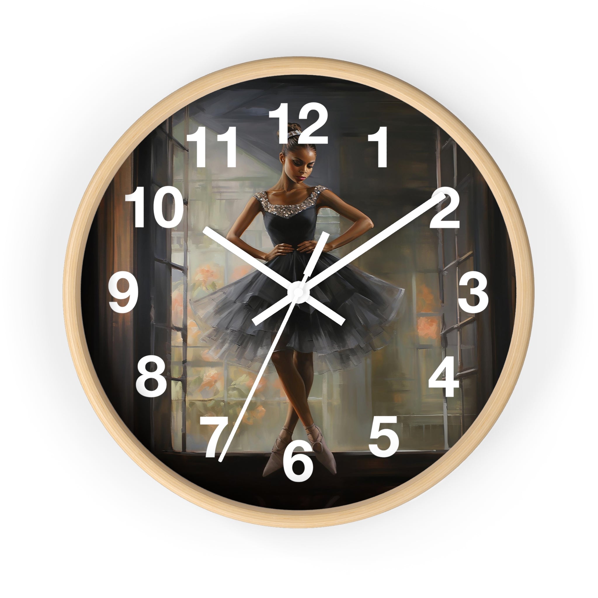 Black Girl Ballerina Round Wall Clock featuring an African American ballerina in a graceful pose, with detailed tutu folds and ballet slippers.