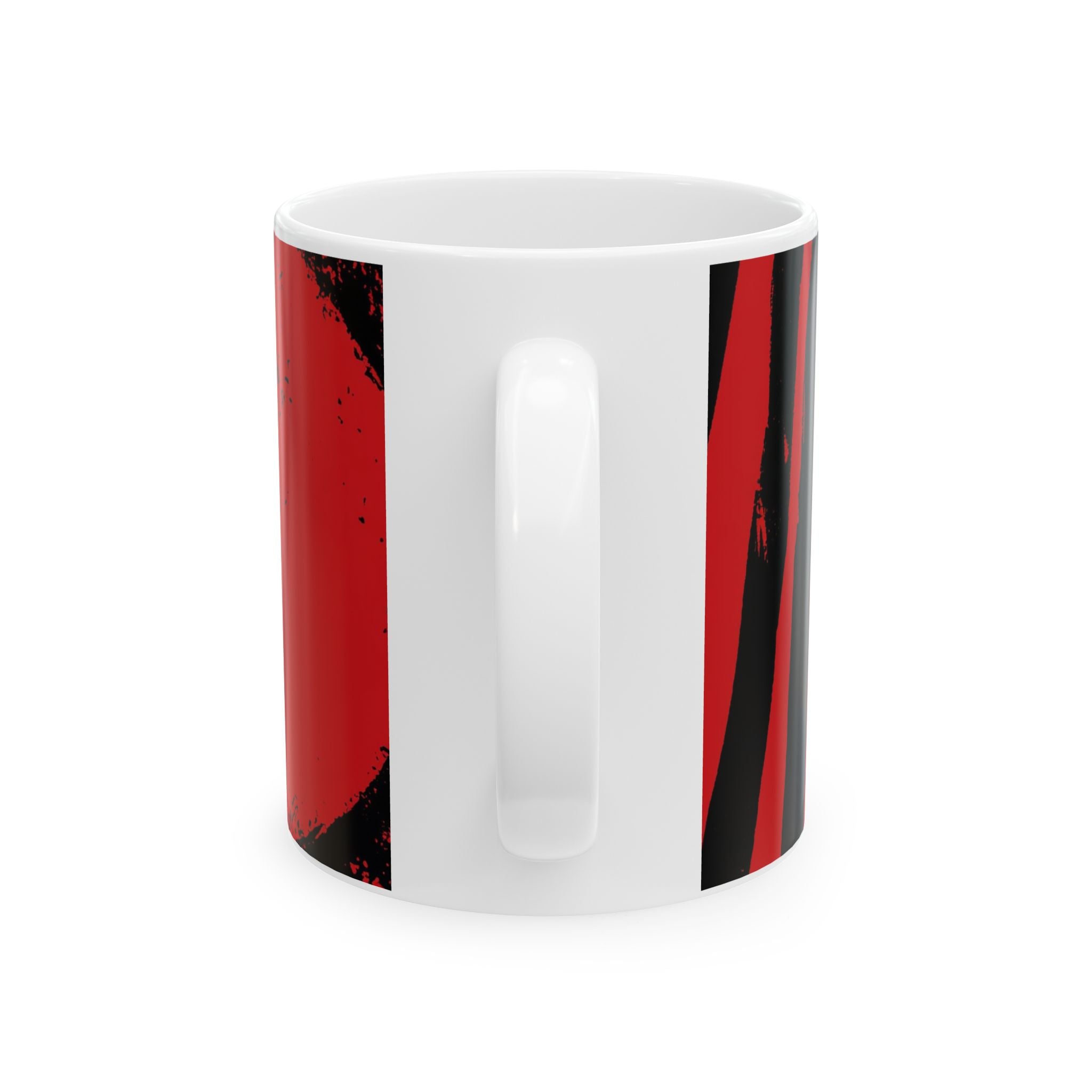 Back view of 11 oz. red, black and cream abstract art coffee mug featuring bold geometric circles, stripes, organic shapes and a Bauhaus-inspired modern design, displayed against a white background.