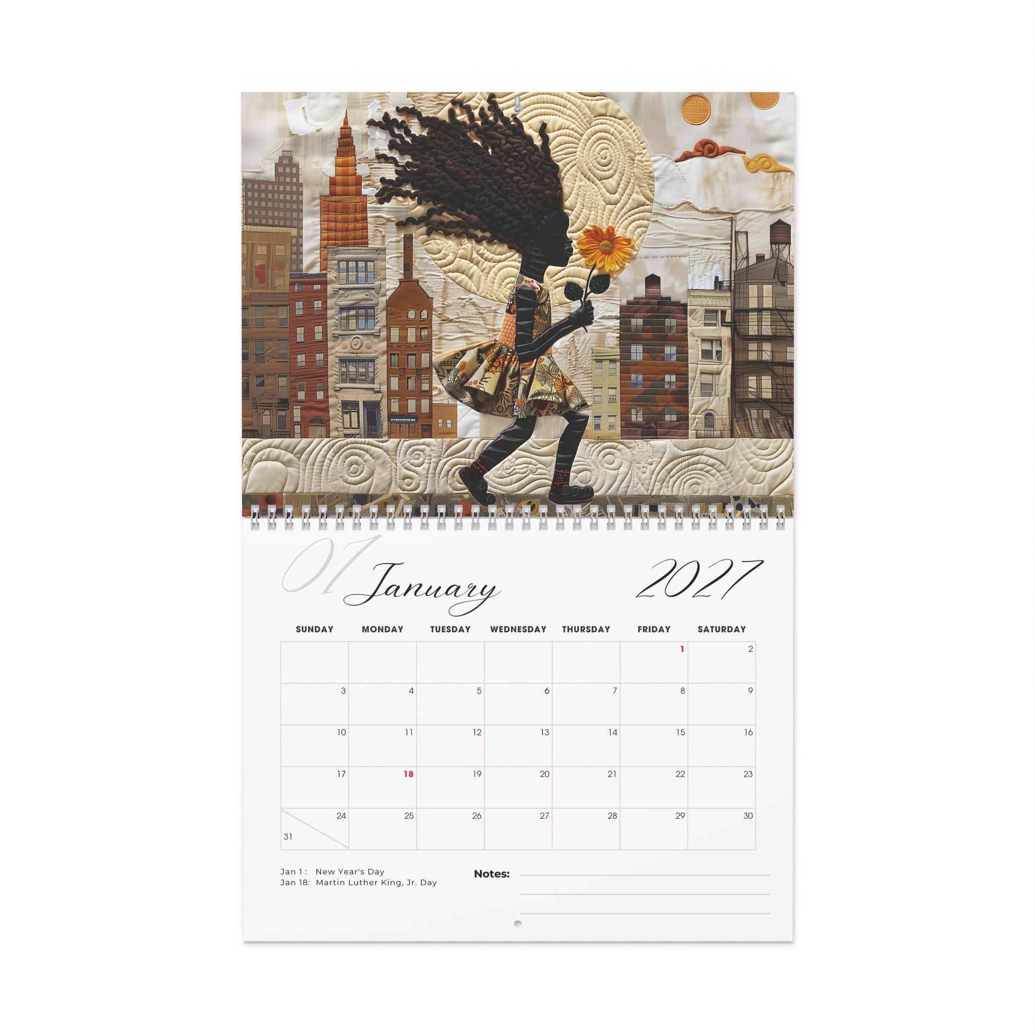 A vertical wall calendar page for January 2027, featuring an illustrated collage-style cityscape with a little girl holding a flower above a the month of January.