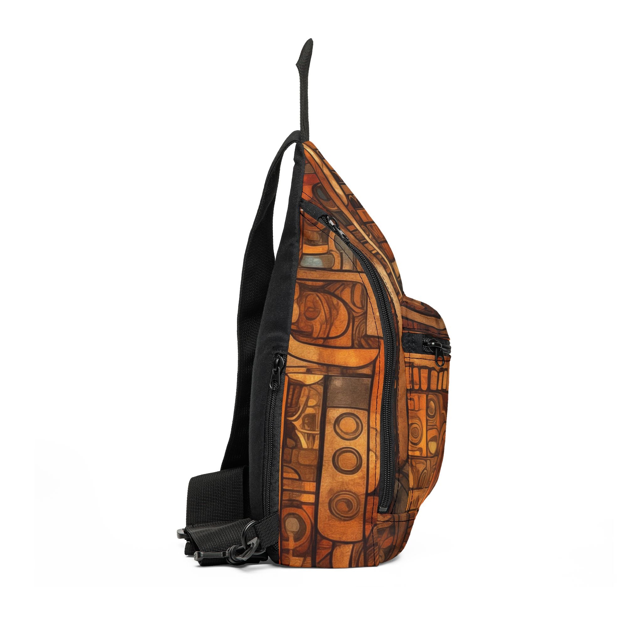 Colorful abstract Afrocentric crossbody sling bag featuring vibrant collage art with bold geometric shapes, layered textures, rich colors, and contemporary cultural-inspired design.
