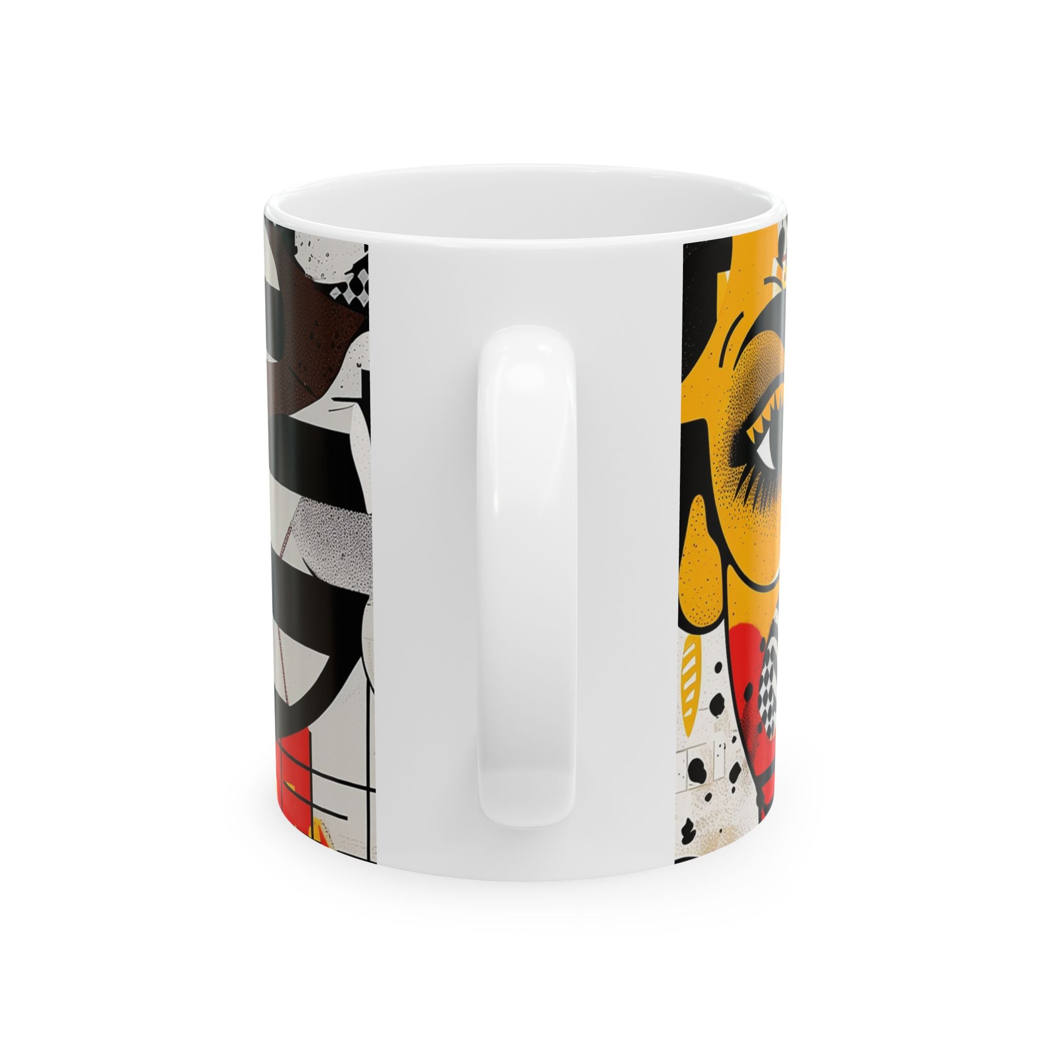 Coffee mug featuring two soulful Black sisters in colorful abstract Afrocentric collage artwork with bold pop art, graffiti-inspired textures, and vibrant contemporary styling.  11 oz size, back view.