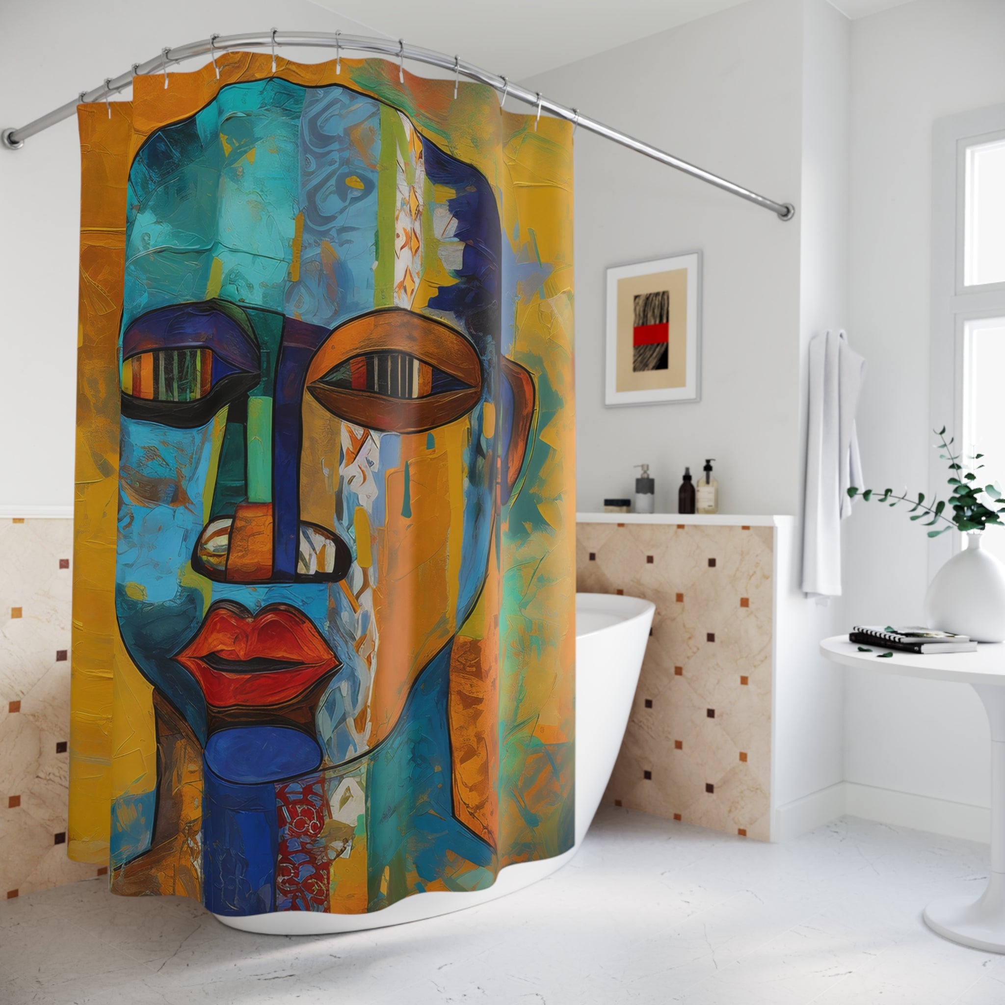 Bathroom shower curtain featuring an abstract African mask design with bold Afrocentric patterns, ideal for African-inspired home decor.