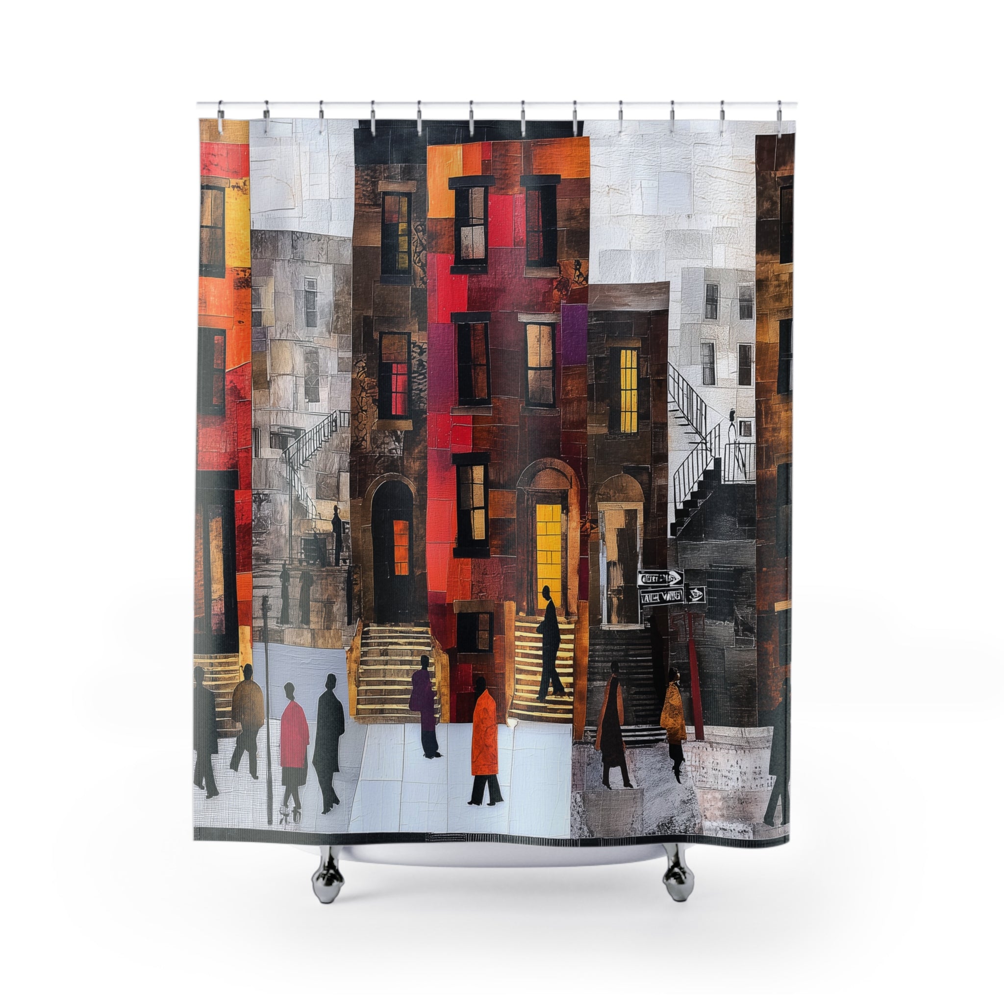 Afrocentric shower curtain featuring Harlem brownstones with Black neighbors gathering on a vibrant street scene inspired by historic NYC community life.