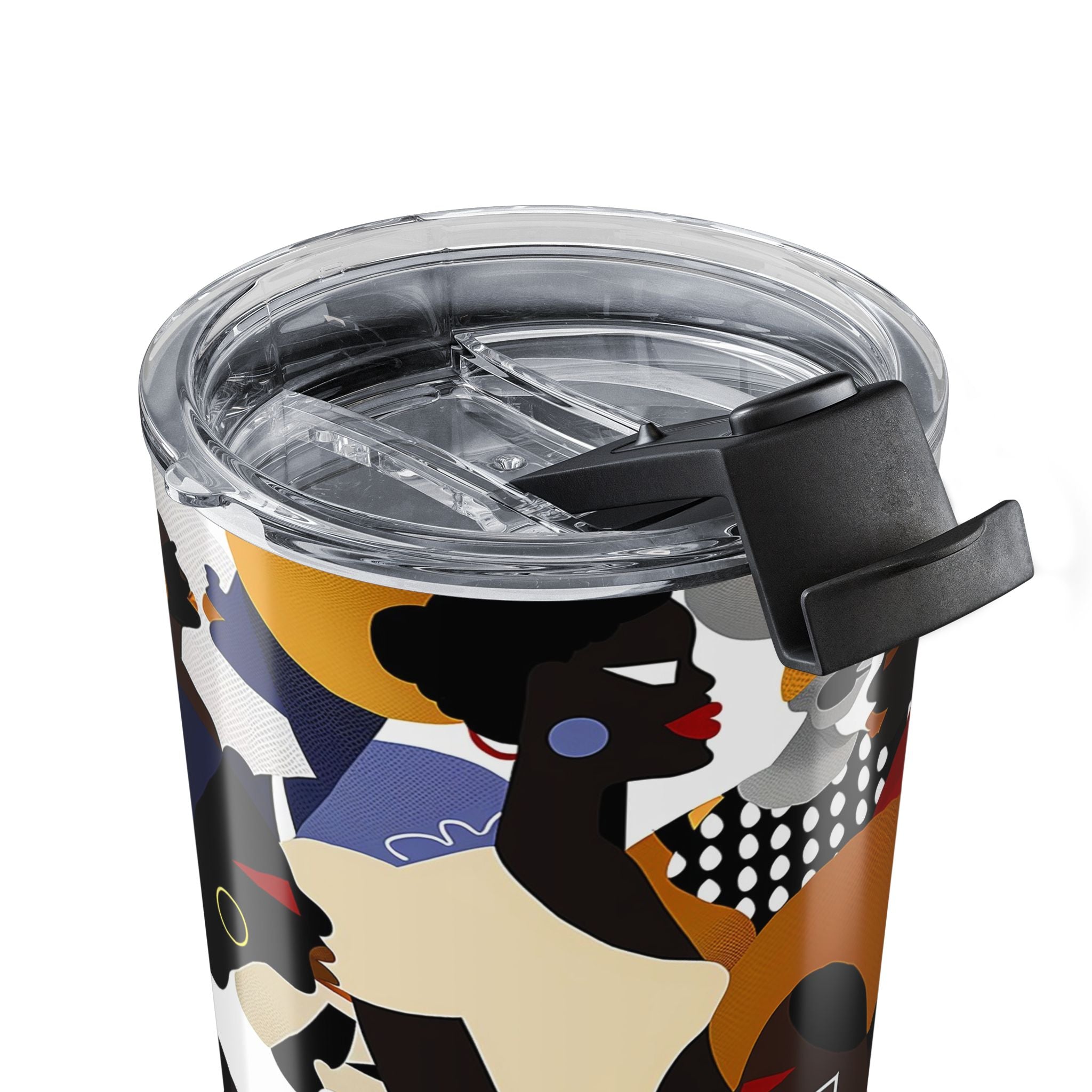 20 oz Juneteenth Family Reunion Celebration tumbler with colorful urban abstract art featuring Black family gathering imagery and clear push-on lid for hot and cold beverages