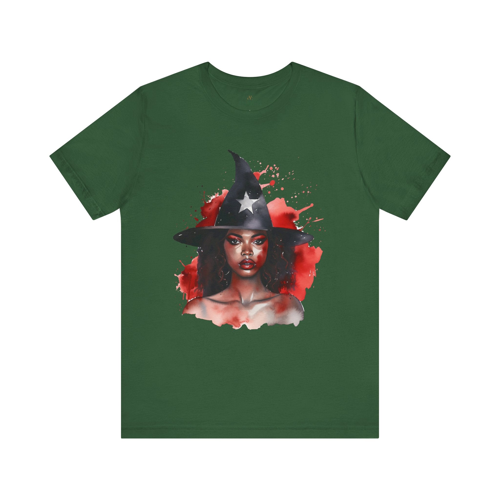 Black Witch Tee Shirt featuring an Afrocentric illustration of a beautiful African American witch in Halloween style, unisex graphic tee for Afrocentric fashion and spooky season streetwear.