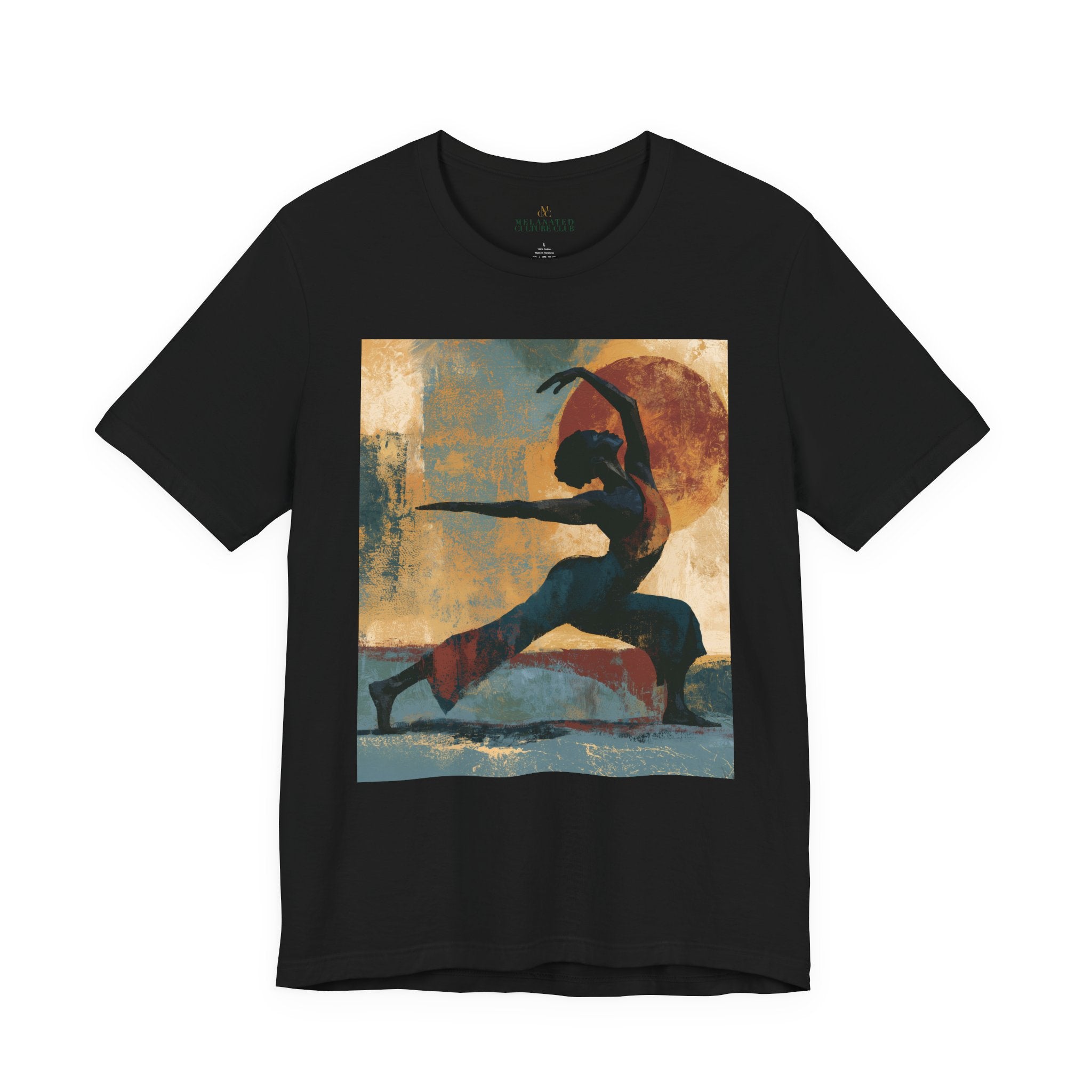 A black colored short-sleeve crewneck t-shirt featuring a Black woman in a yoga pose against a warm, abstract sunset background.