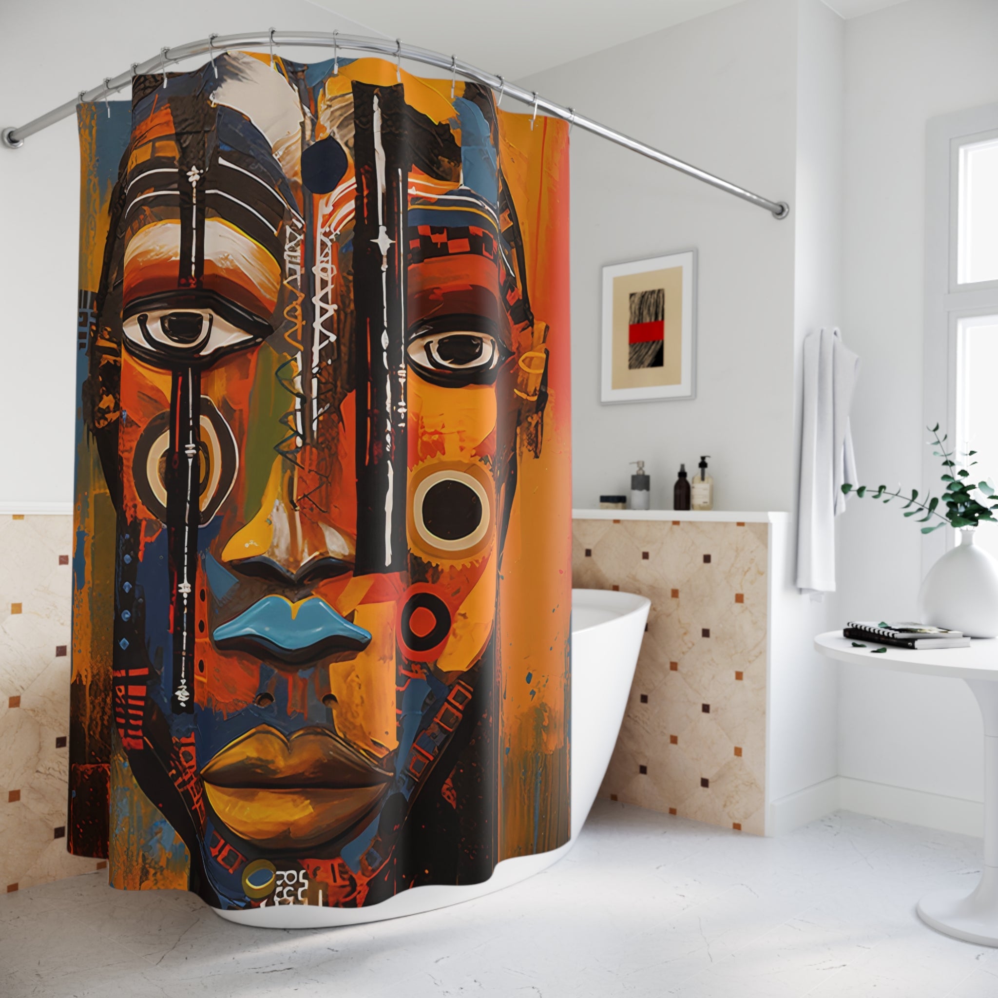Bathroom shower curtain featuring an abstract African mask design with bold Afrocentric patterns, ideal for African-inspired home decor.
