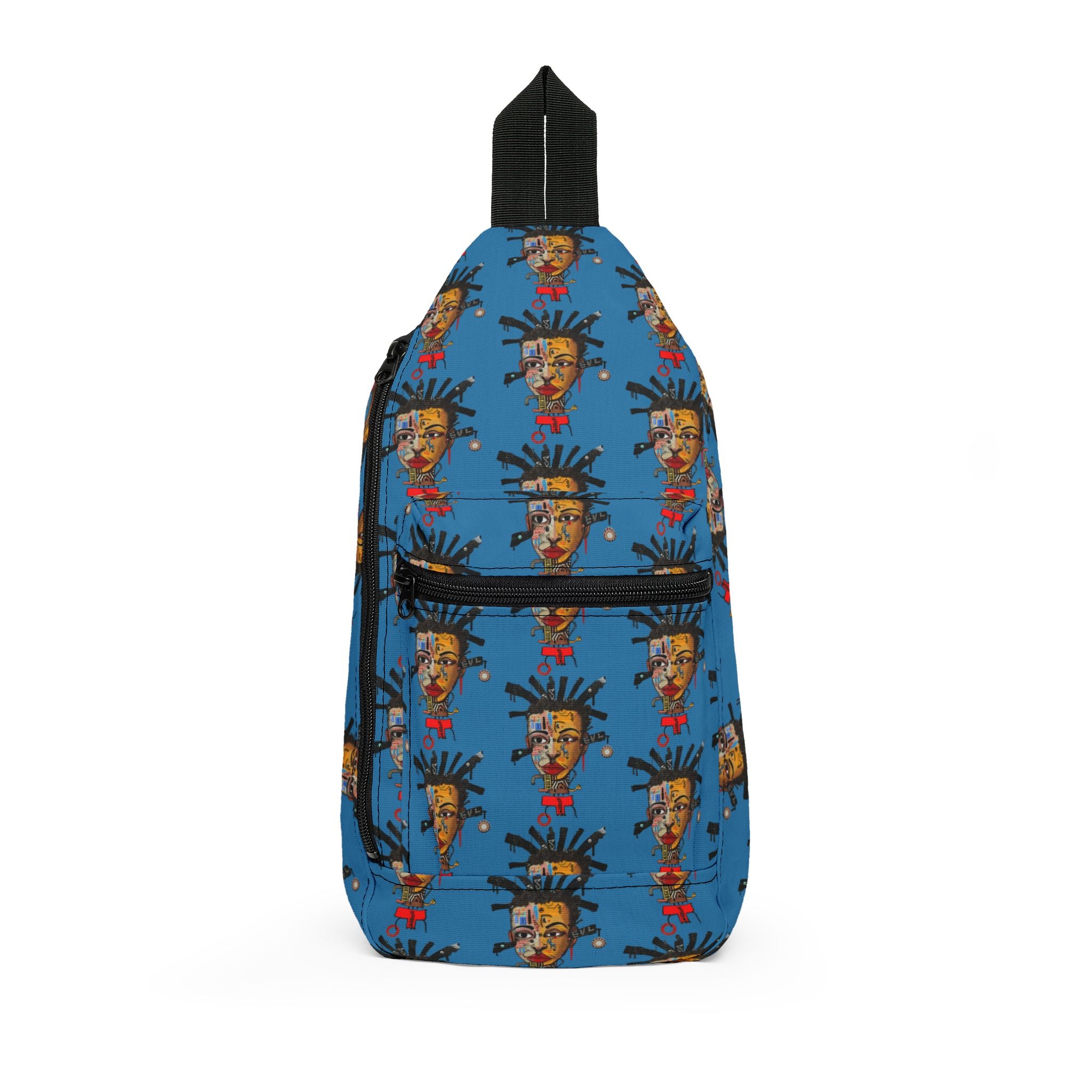 Afrofuturism crossbody sling bag featuring an abstract Black cyborg man portrait with futuristic cybernetic details and vibrant Afrocentric digital art.