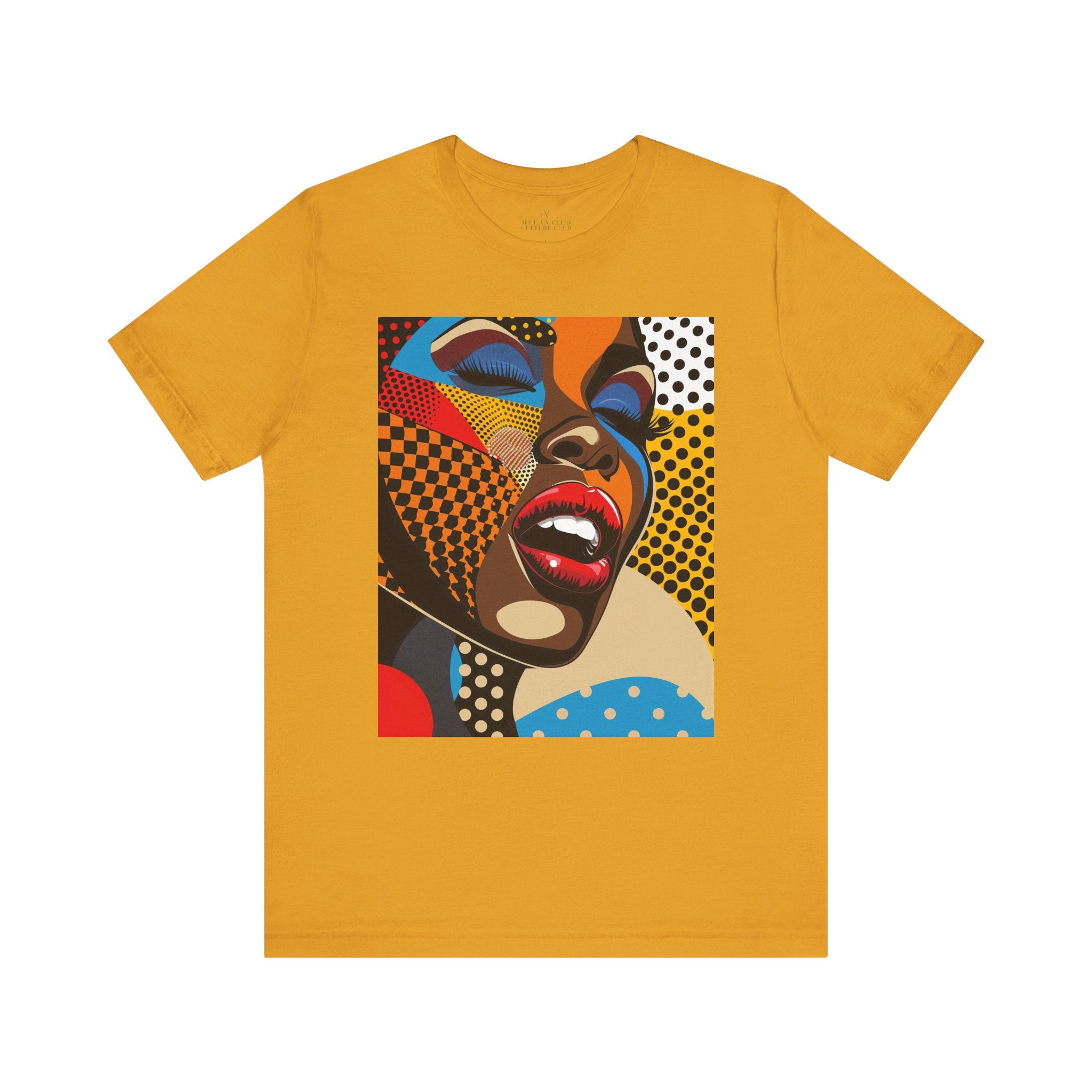 Beautiful Black Girl Pop Art Tee featuring a comic book-style illustration of an African American woman with closed eyes and bold red lips singing. Designed in bright, vivid colors with Afrocentric flair and Pop Art movement aesthetics.
