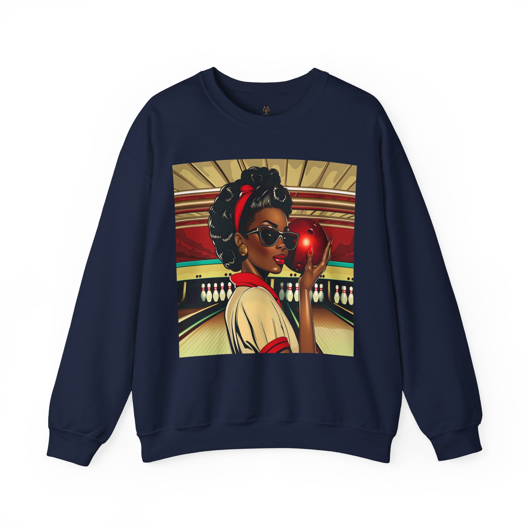 African American Woman Bowling Sweatshirt in navy.