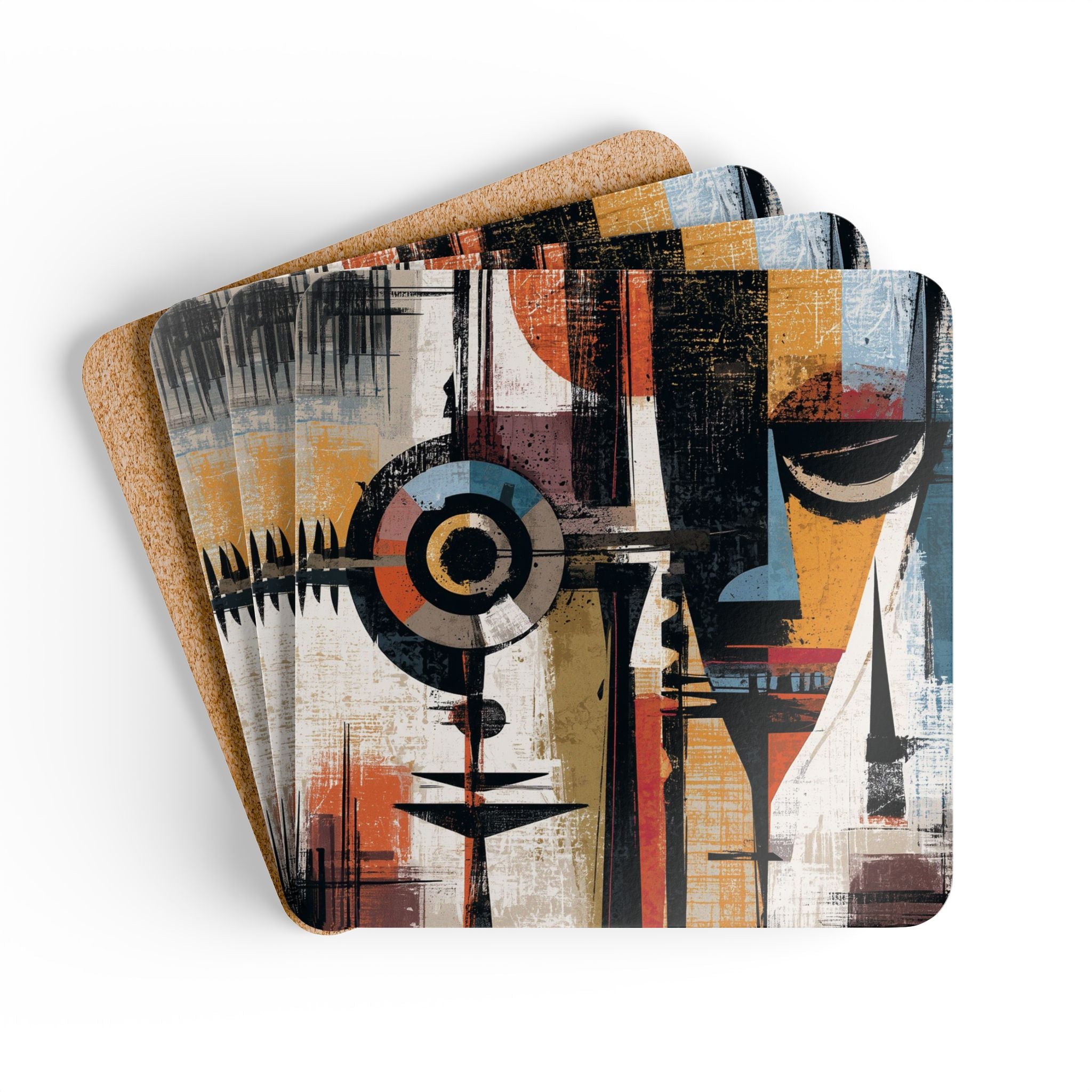 Set of four African Mask beverage coasters featuring vibrant Afrocentric artwork with cork backing, one coaster showing cork background, displayed a white background.