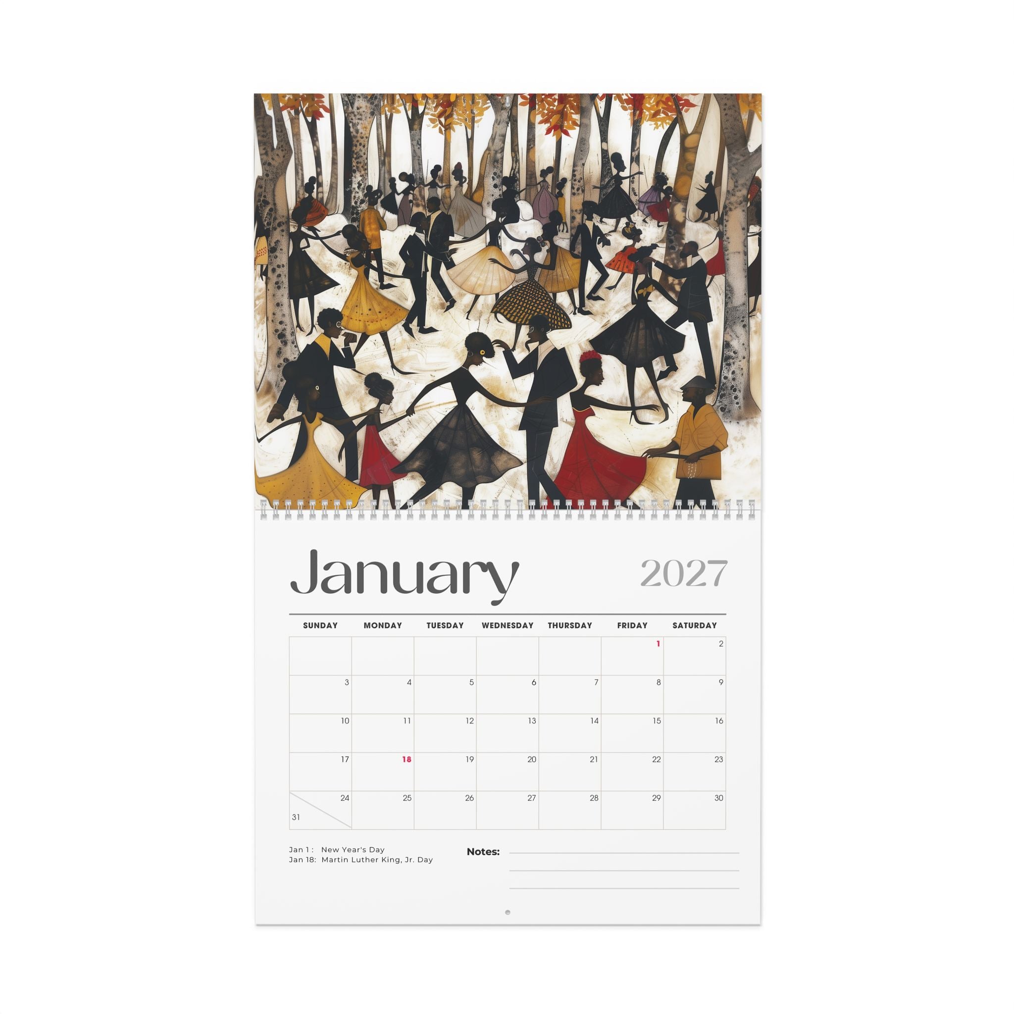 A single-page monthly calendar for January 2027, featuring a vintage-style illustration of Black people dancing in a forest above a clean white monthly calendar grid.