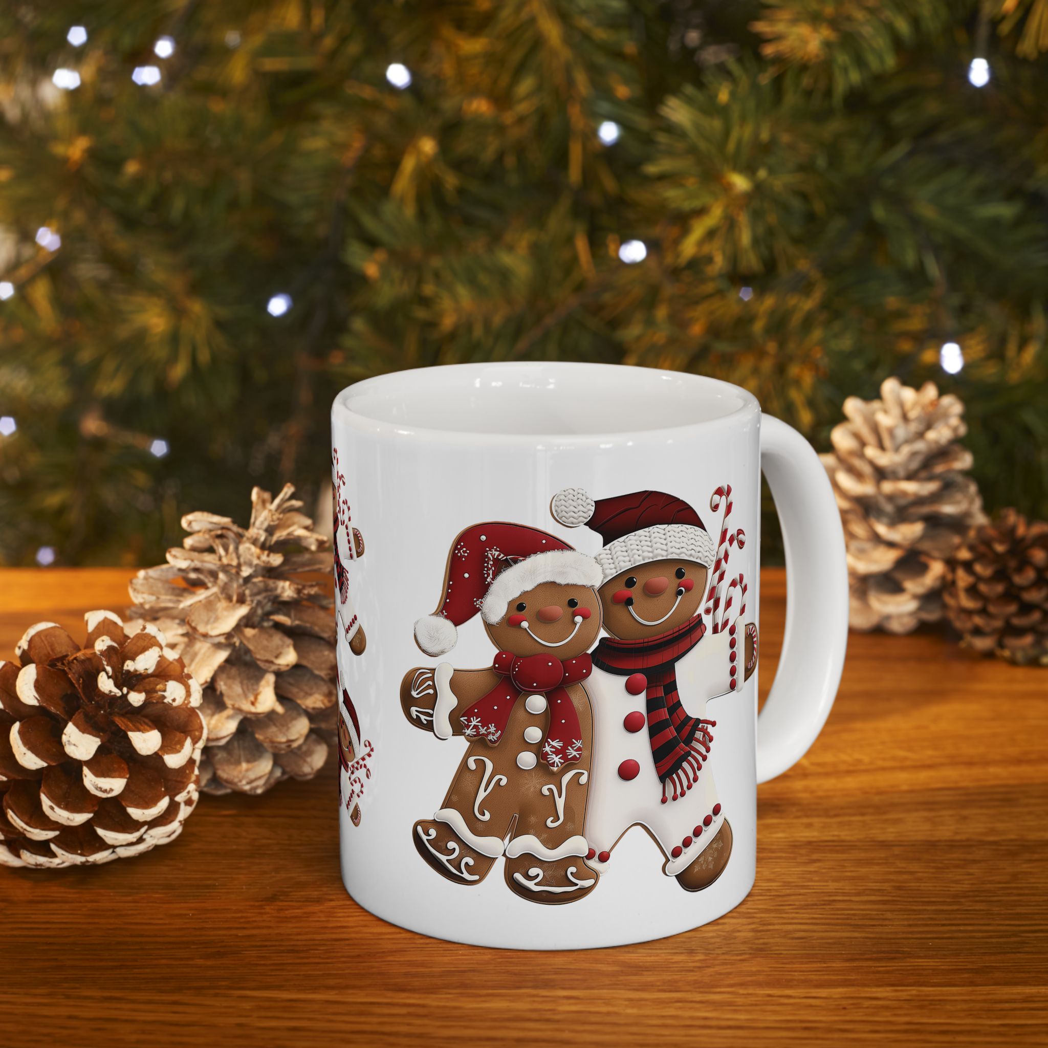 Gingerbread Cookie Couple Coffee Mug featuring a festive gingerbread couple design, Christmas holiday beverage mug perfect for coffee, tea, and hot cocoa, available in 11 oz and 15 oz sizes.