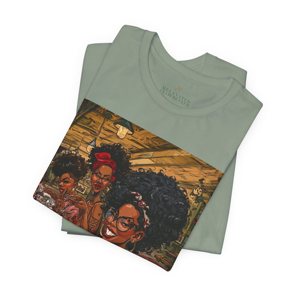 Folded view of Black Women Nail Salon T-Shirt - Afrocentric Beauty Shop Graphic Tee - Black Girl Self Care Shirt - Color Sage