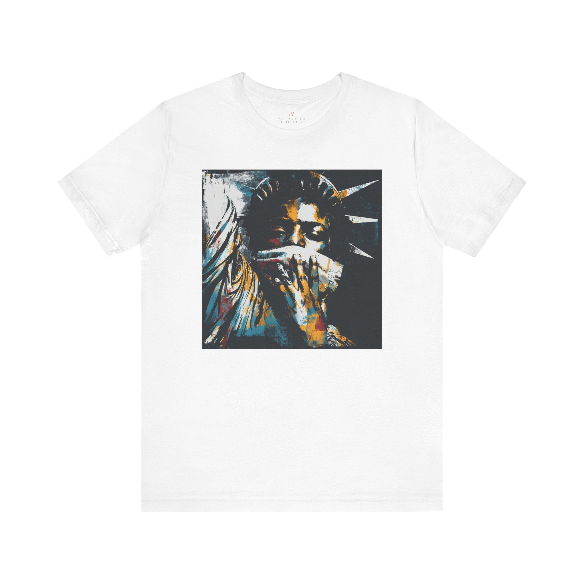 Black woman depicted as Statue of Liberty with mouth covered by white cloth symbolizing silenced freedom of speech First Amendment protest art on tee shirt.