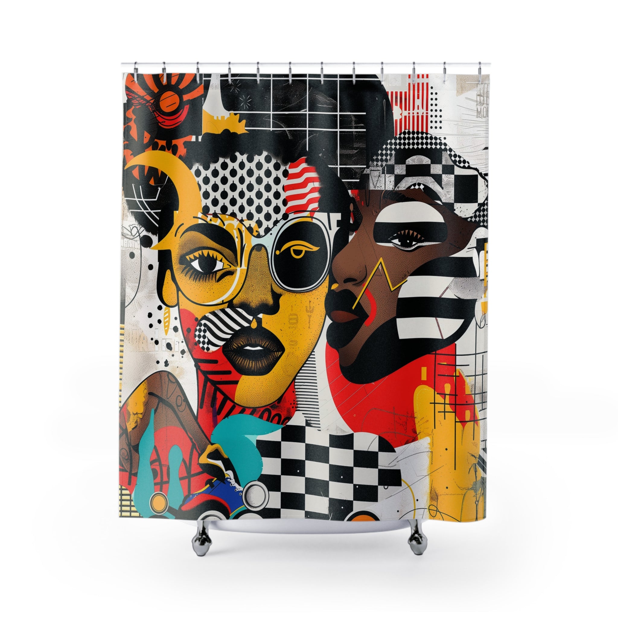 Soul Sisters abstract shower curtain featuring a modern pop art collage of two Black women celebrating sisterhood, Afrocentric style, and bold contemporary bathroom décor.