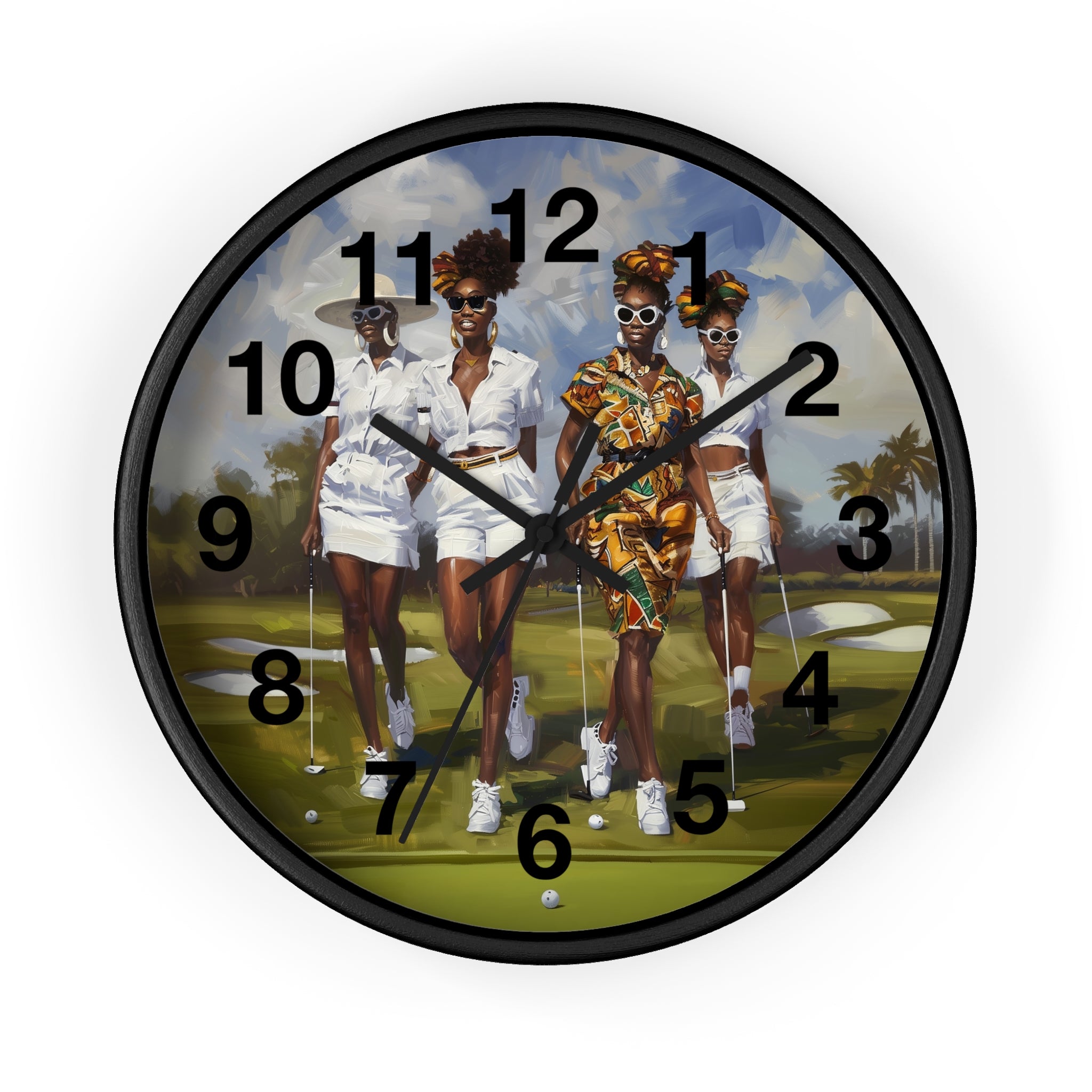 A round wall clock with a black frame and a printed face showing four Black women walking on a golf course. The clock has black Arabic numerals and black hands, photographed against a plain white background.