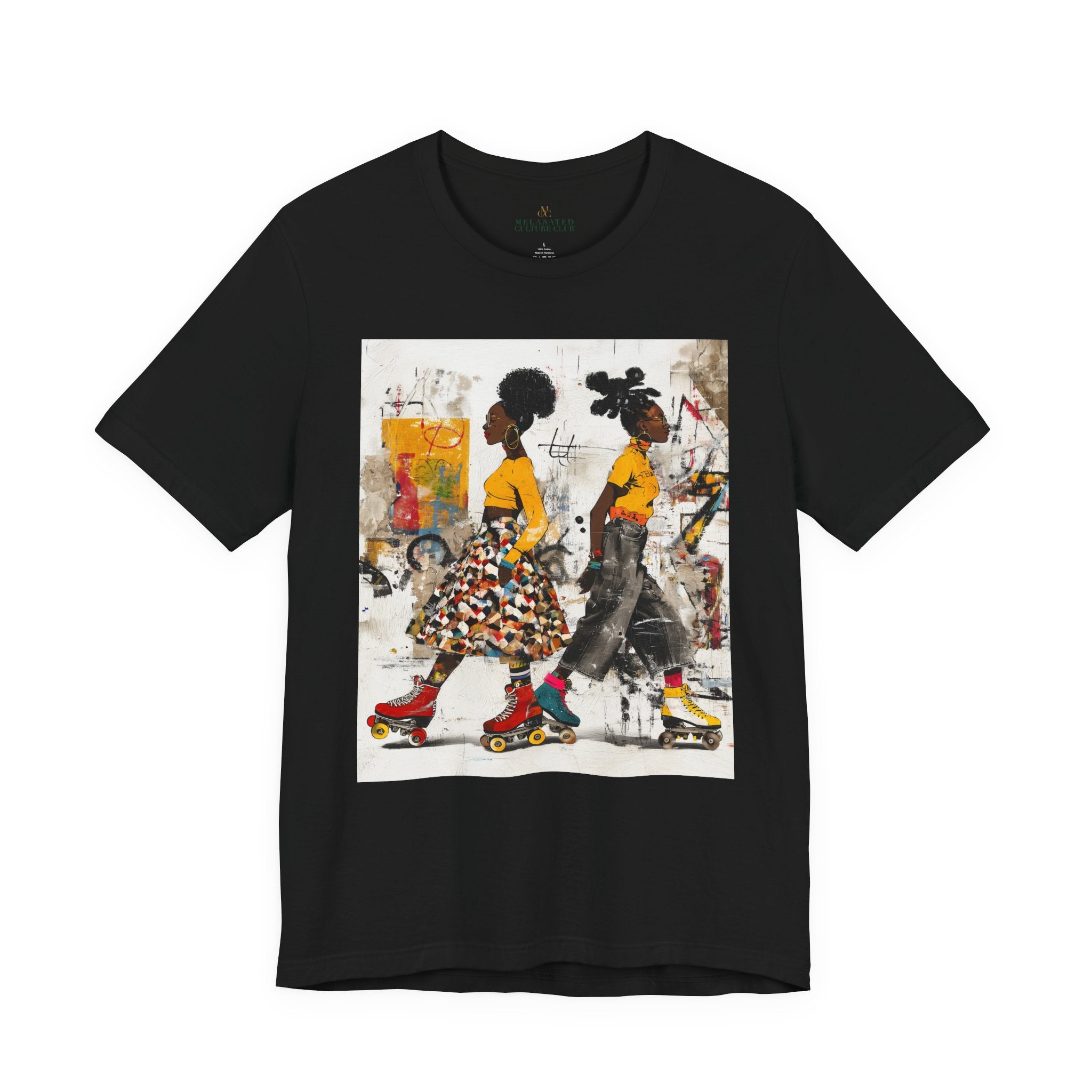 Two Black women with natural hairstyles wearing bold streetwear and roller skates, standing against a colorful abstract graffiti background on an Afrocentric graphic t-shirt.