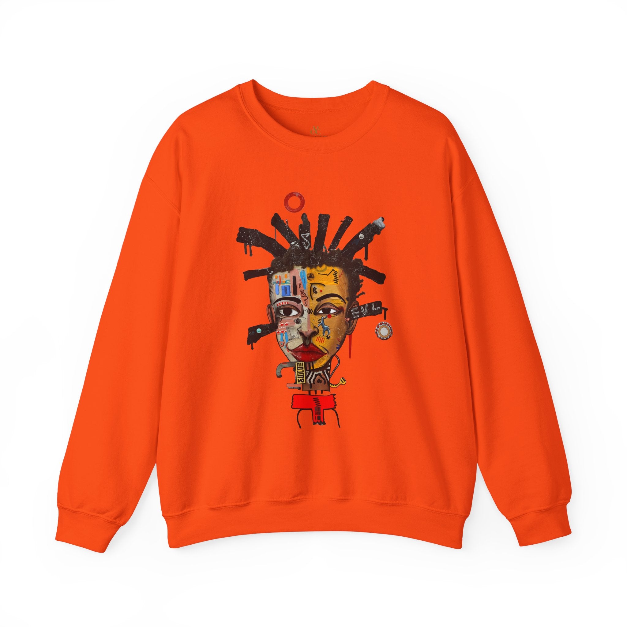 Abstract Afrocentric sweatshirt featuring a split-face portrait of a Black man, half human and half robot, with expressive facial features and futuristic mechanical details in an Afrofuturism art style.