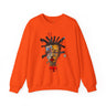 Abstract Afrocentric sweatshirt featuring a split-face portrait of a Black man, half human and half robot, with expressive facial features and futuristic mechanical details in an Afrofuturism art style.
