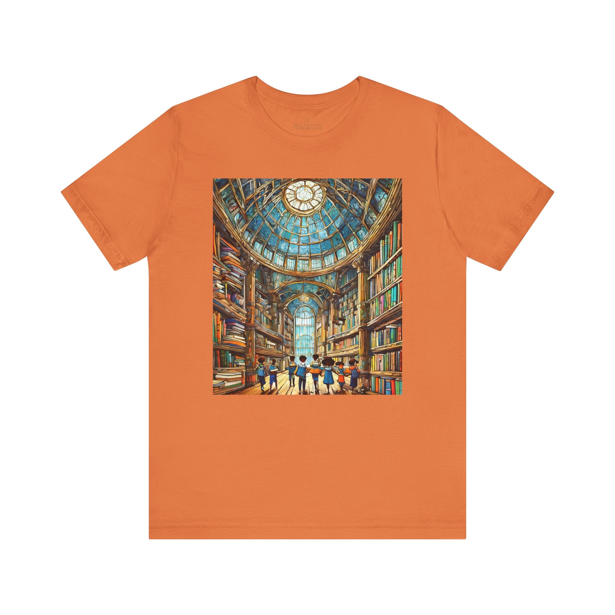 African American Kids at Library Tee shirt in orange.