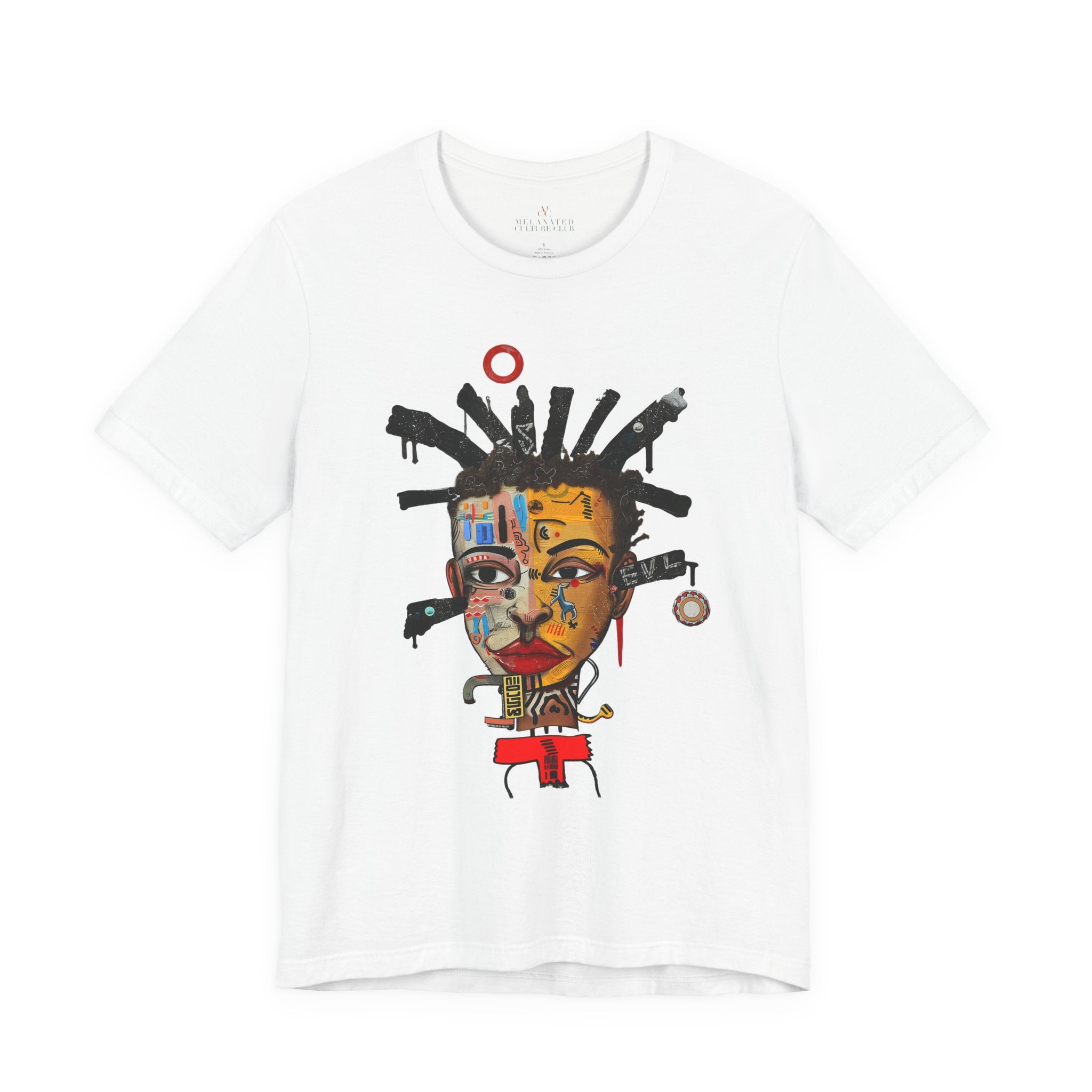 Abstract Afrocentric t-shirt featuring a split-face portrait of a Black man, half human and half robot, with expressive facial features and futuristic mechanical details in an Afrofuturism art style. Series 02