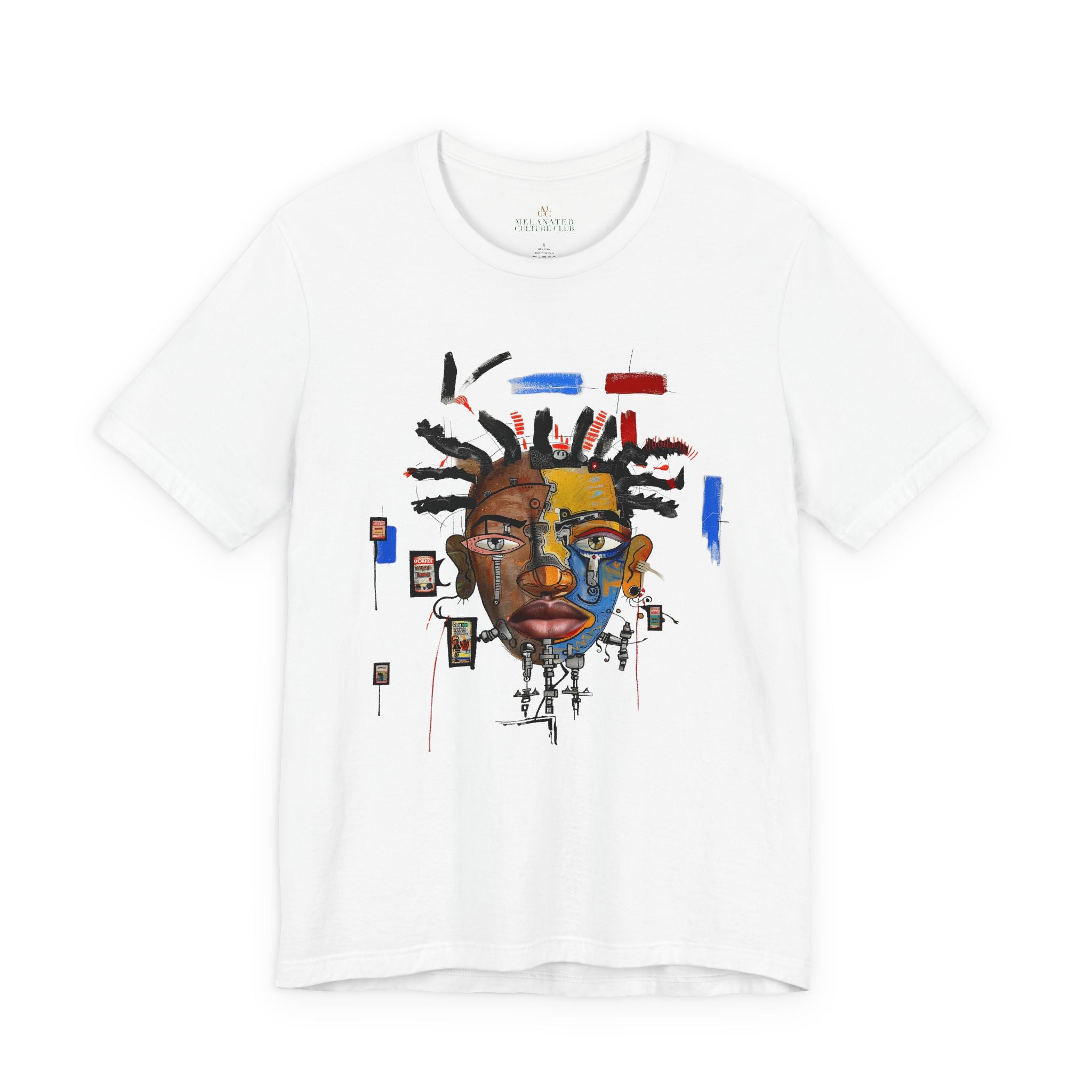Abstract Afrocentric t-shirt featuring a split-face portrait of a Black man, half human and half robot, with expressive facial features and futuristic mechanical details in an Afrofuturism art style. Series 03