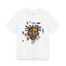 Abstract Afrocentric t-shirt featuring a split-face portrait of a Black man, half human and half robot, with expressive facial features and futuristic mechanical details in an Afrofuturism art style. Series 03