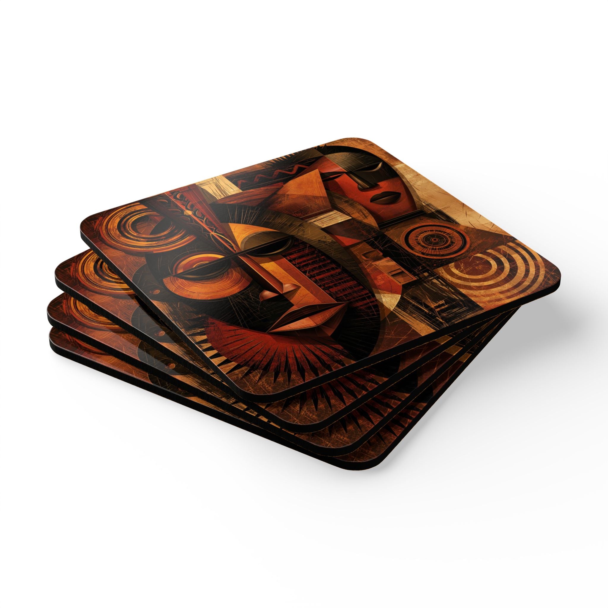Stack of 4 African Mask coasters with cork backing on a white background.