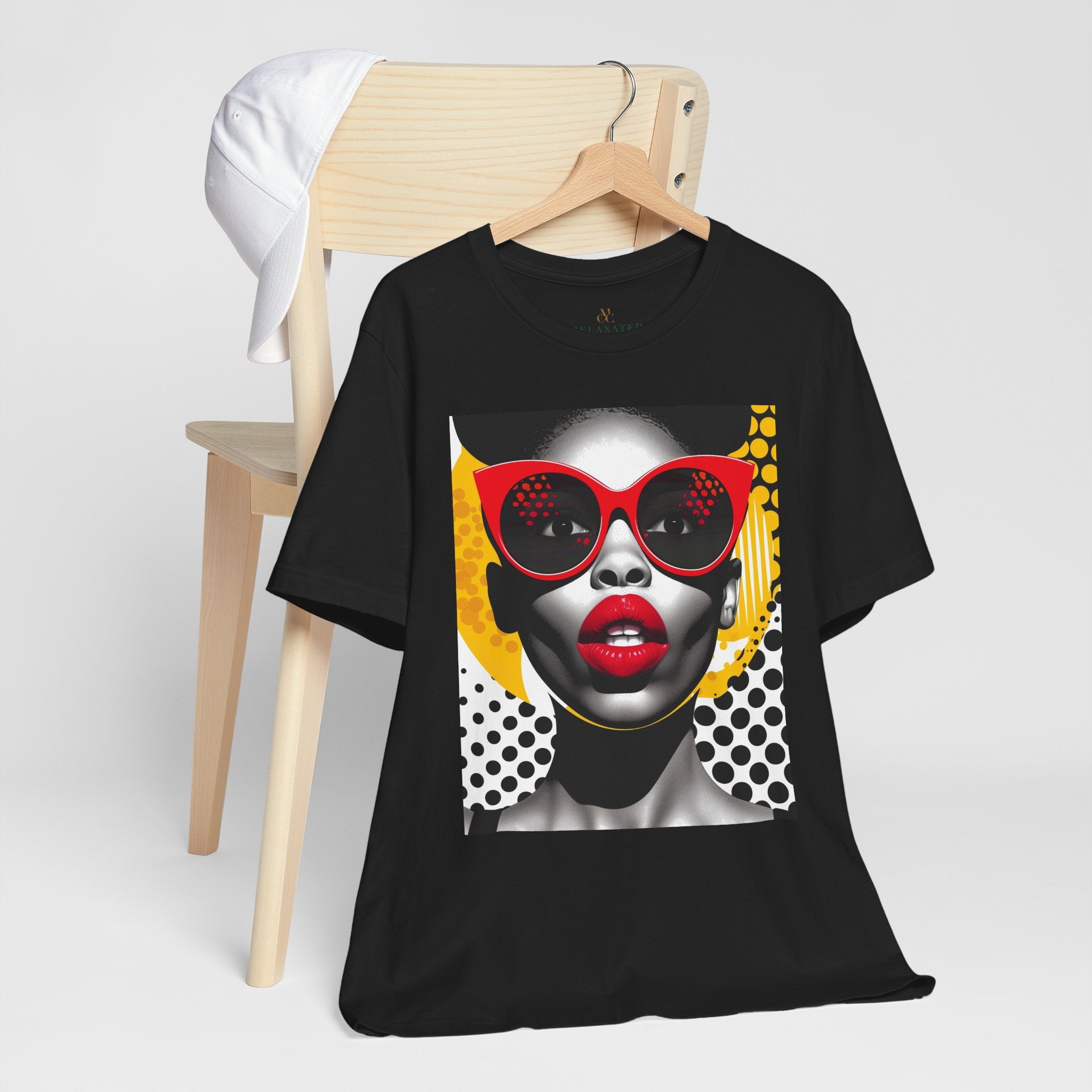 Black Woman Shock Pop Art Tee Shirt featuring an Afrocentric retro comic style illustration of a surprised Black woman. Bold psychedelic colors and vintage streetwear design celebrating African American fashion and expressive art.